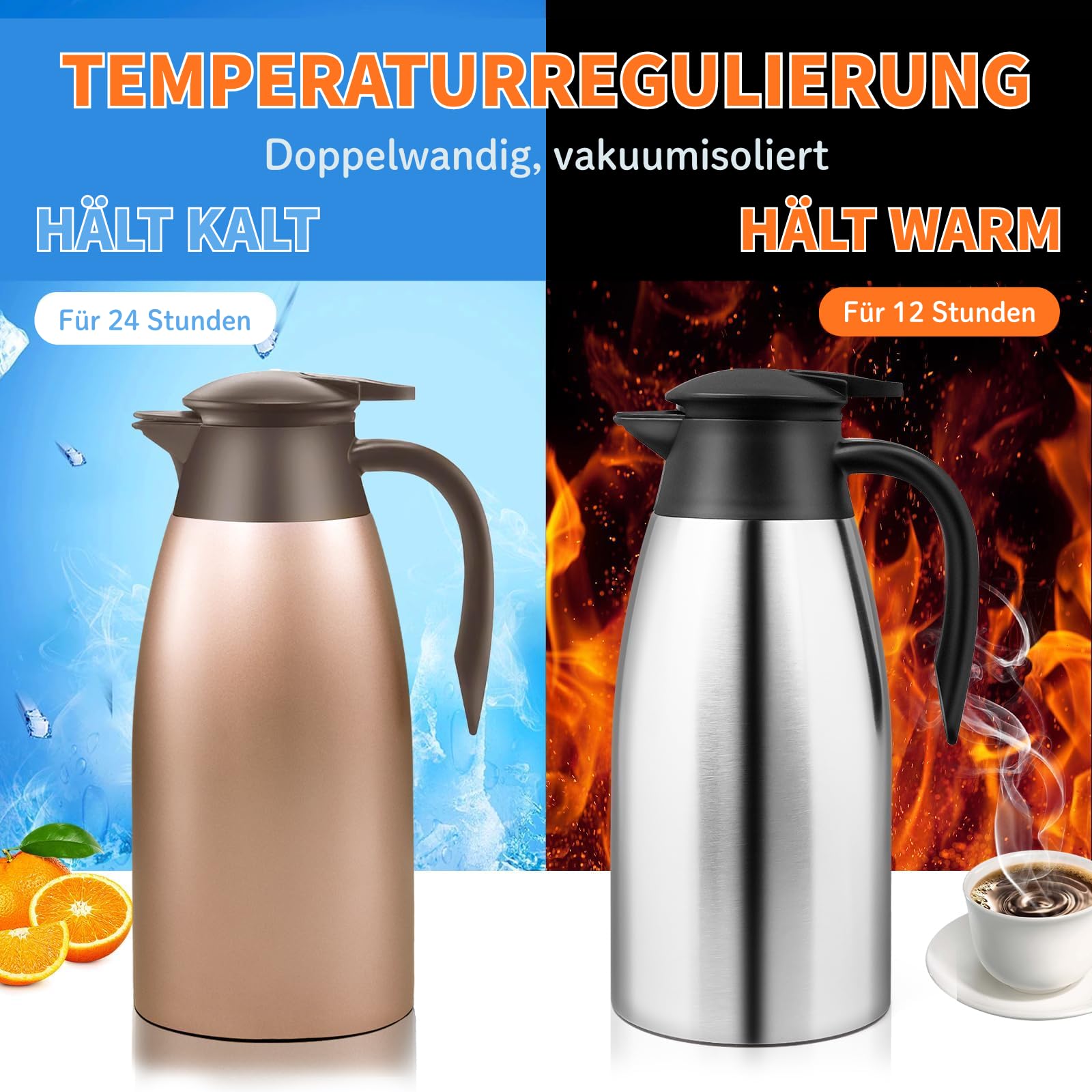 2 Stück Edelstahl Thermoskanne 2L Isolierkanne, Doppelwandige Vakuumkanne mit Griff, Isolierkannen für Heiß- & Kaltgetränke, Teekanne 36 Stunden Wärmedämmung, Kaffeekanne für Kaffee, Tee, Wasser