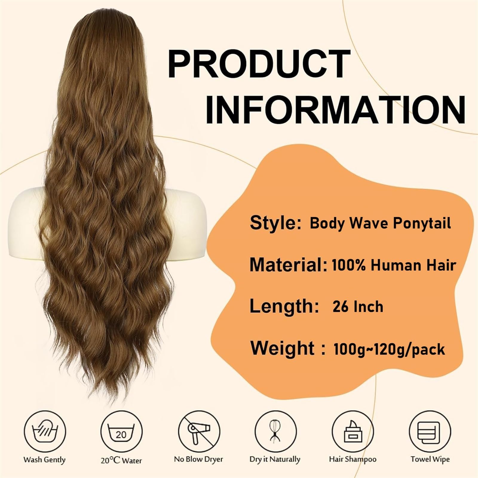 Naturalny Kucyk z falowanymi włosami, ściągany sznurkiem, 100% przedłużki z ludzkich włosów nr 6, jasnobrązowy, owinięty wokół Idealny wygląd(24inches)