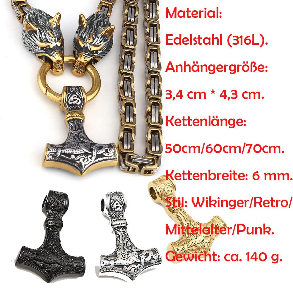 Herren Königskette Thors Hammer Anhänger Halskette, Nordische Mythologie Massiver Edelstahl Mjölnir Fenris Wolfskopf Halskette Wikinger Retro Amulett Rune Schmuck Geschenk
