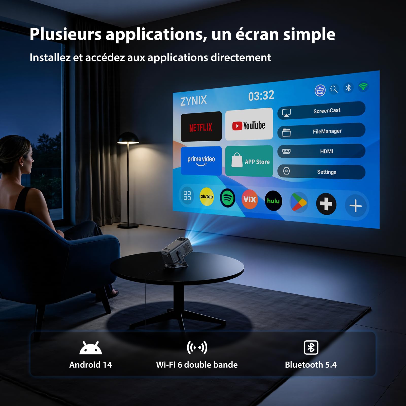 Videoprojecteur【App Intégrée & Auto Keystone】 Android 14, Retroprojecteur | NIX500 Mini Projecteur Video Portable Courte Focale WiFi 6 Bluetooth 5.4 avec Rotation 210°, Supporte 4K 1080P Home Cinéma