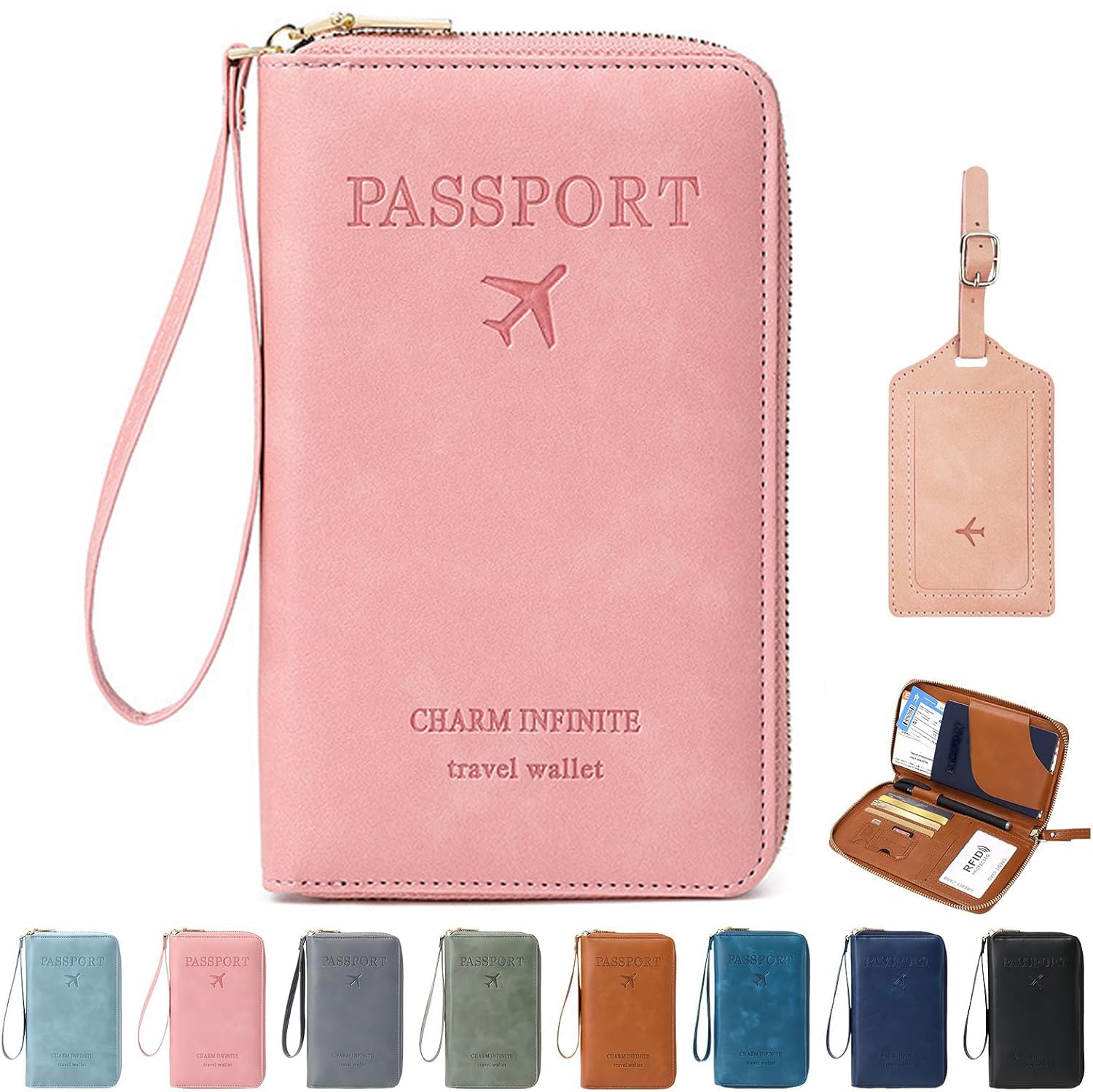 Multi-Functional RFID Passport Wallet, RFID Passport Wallet with Zipper, Passport Holder Wallet Credit Cards Case Holder for Women Men (Pink)