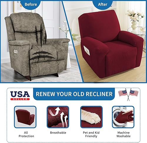 Vista 230 de XINEAGE Funda reclinable de 4 piezas de jacquard elástica con bolsillo, protector de silla reclinable lavable para niños, mascotas, perros y gatos