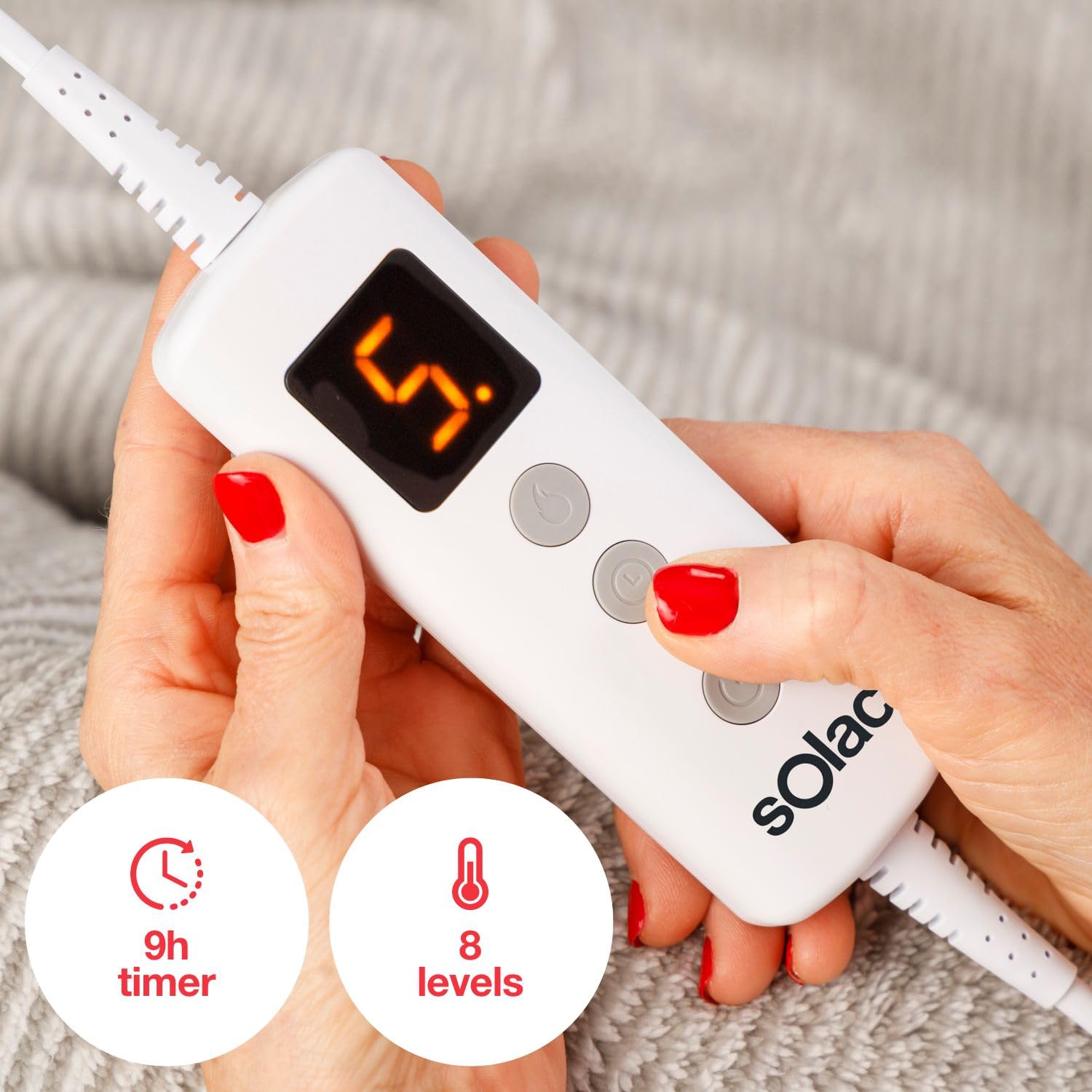 Solac - Coperta elettrica Kalmar 120 W, 8 livelli di temperatura, timer 9h, auto-spegnimento, protezione surriscaldamento, ultra morbido, adatto alla lavatrice a 30 °C