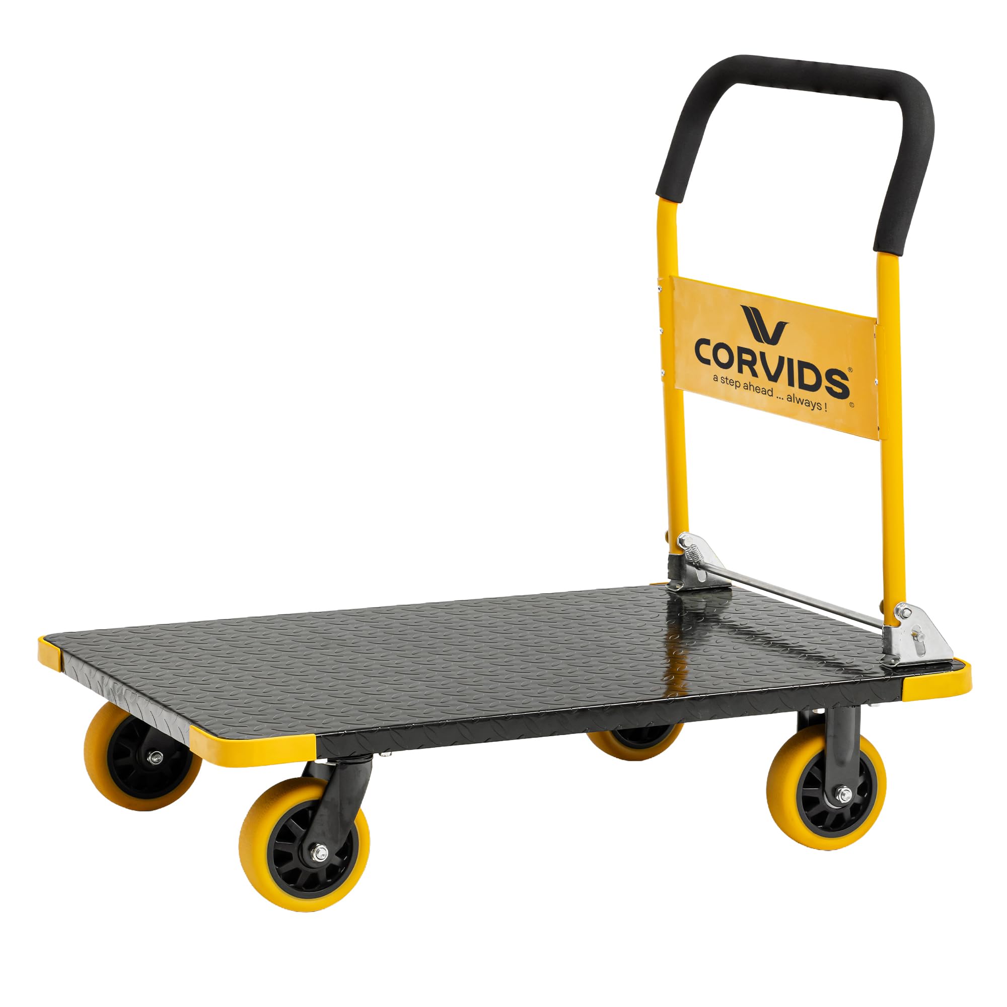 Corvids 600 Kg Heavy-Duty Folding Metal Hand Platform Trolley/Truck | 2-Year Warranty | Portable & Compact Industrial Dolly Cart with 360 Rotating Wheels for Home & Warehouse