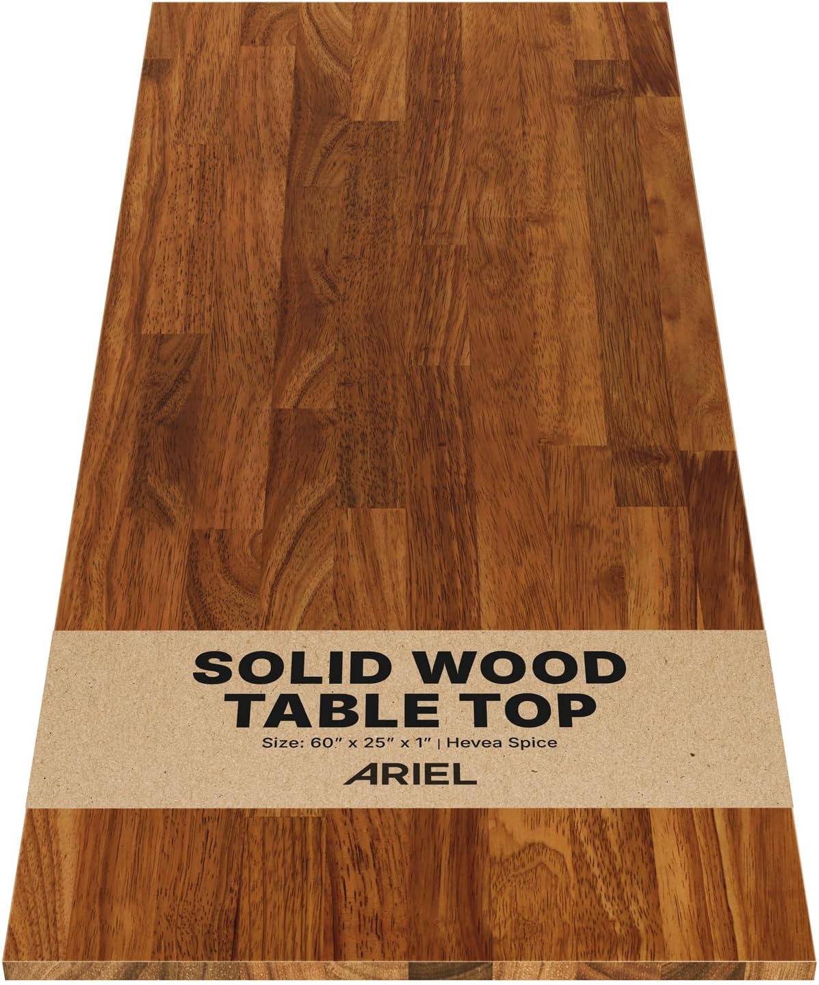 ARIEL 60 x 25 x 1 Hevea Spice Finished Solid Wood Table Top, Premium Desktop for Standing/Adjustable Desk/Office Tabletop/Gaming Desk/Kitchen Countertop