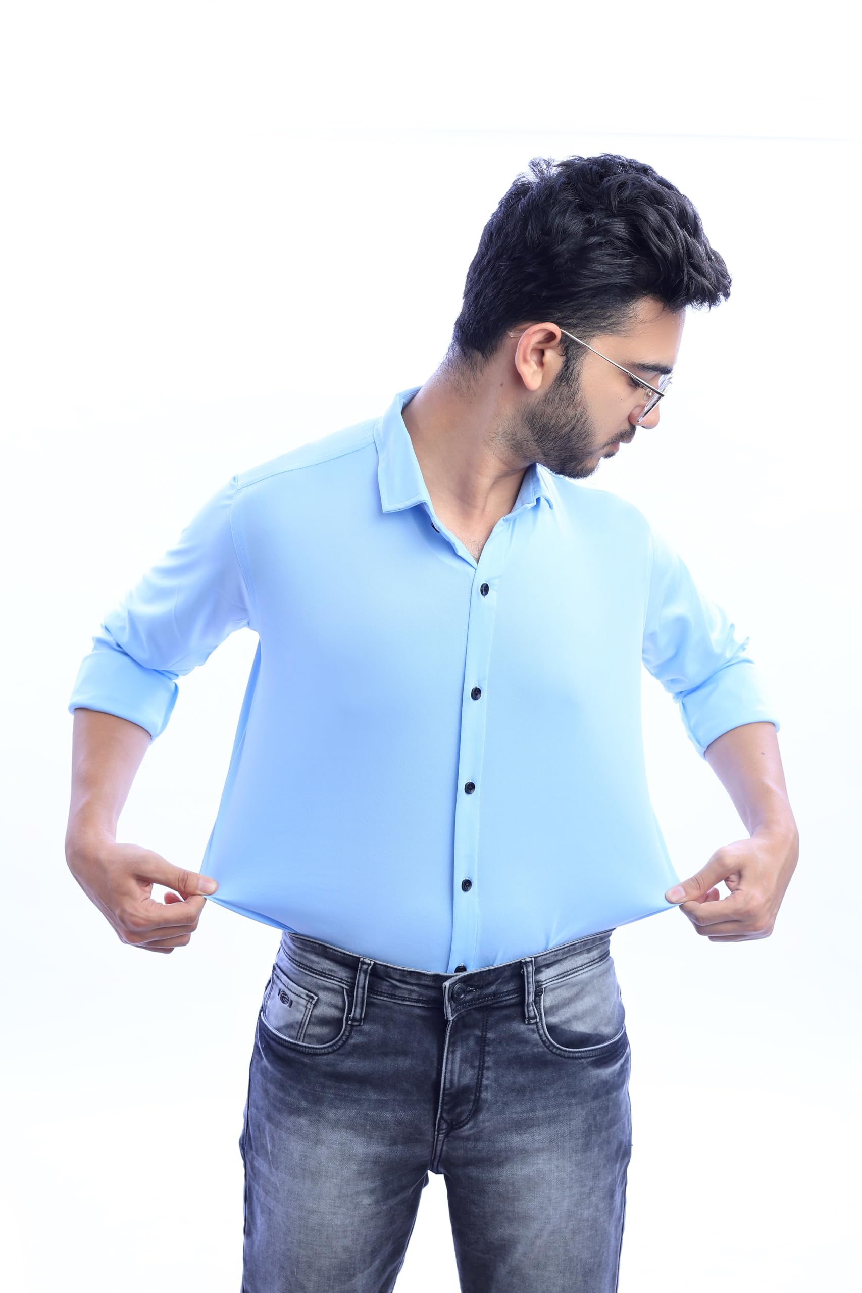 almora Men's Solid Slim Fit Satin Lycra Casual Shirt with Concealed Button Down & Full Sleeves-picture-10