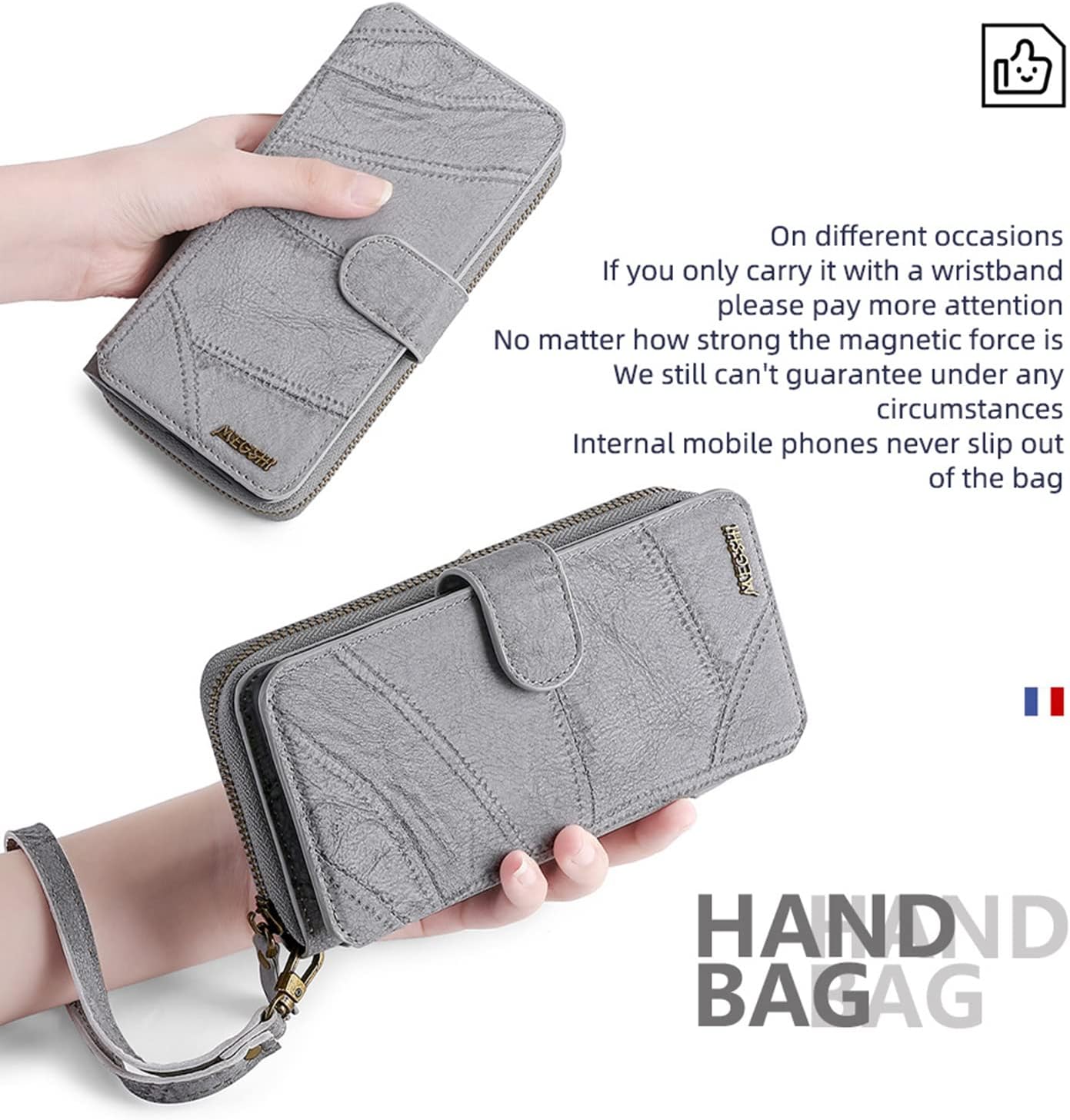 Wallet Case Compatible with Apple iPhone 12/12 Pro Leather Purse Phone Case with Zipper Card Slots Holder & Wrist Strap & Mirror 2 in 1 Magnetic Flip PU Cover for Women Men(Gray)
