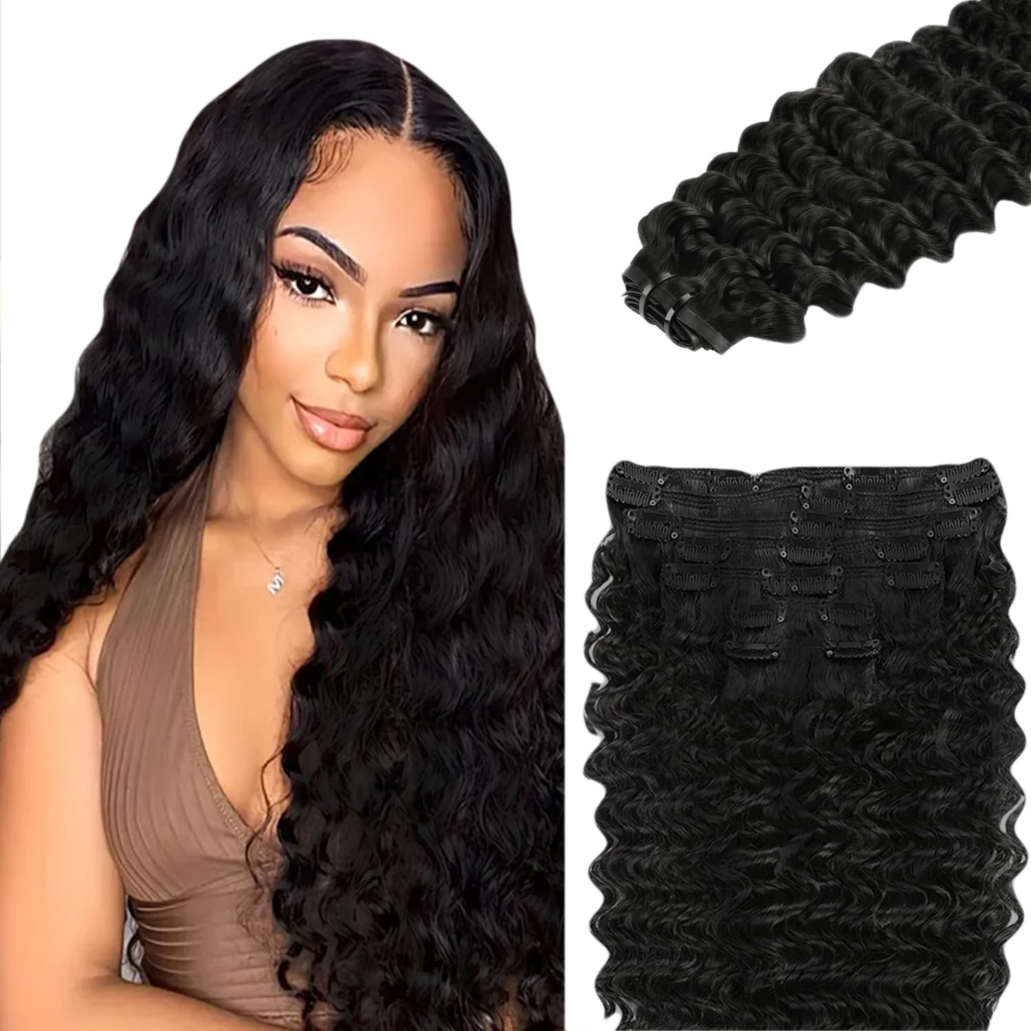 Photo 1 of Black Deep Wave Clip in Hair Extensions - 30 Inch Natural Black Human Hair, 120g 7pcs,#1B Black Deep Curly Clip ins Human Hair Extensions