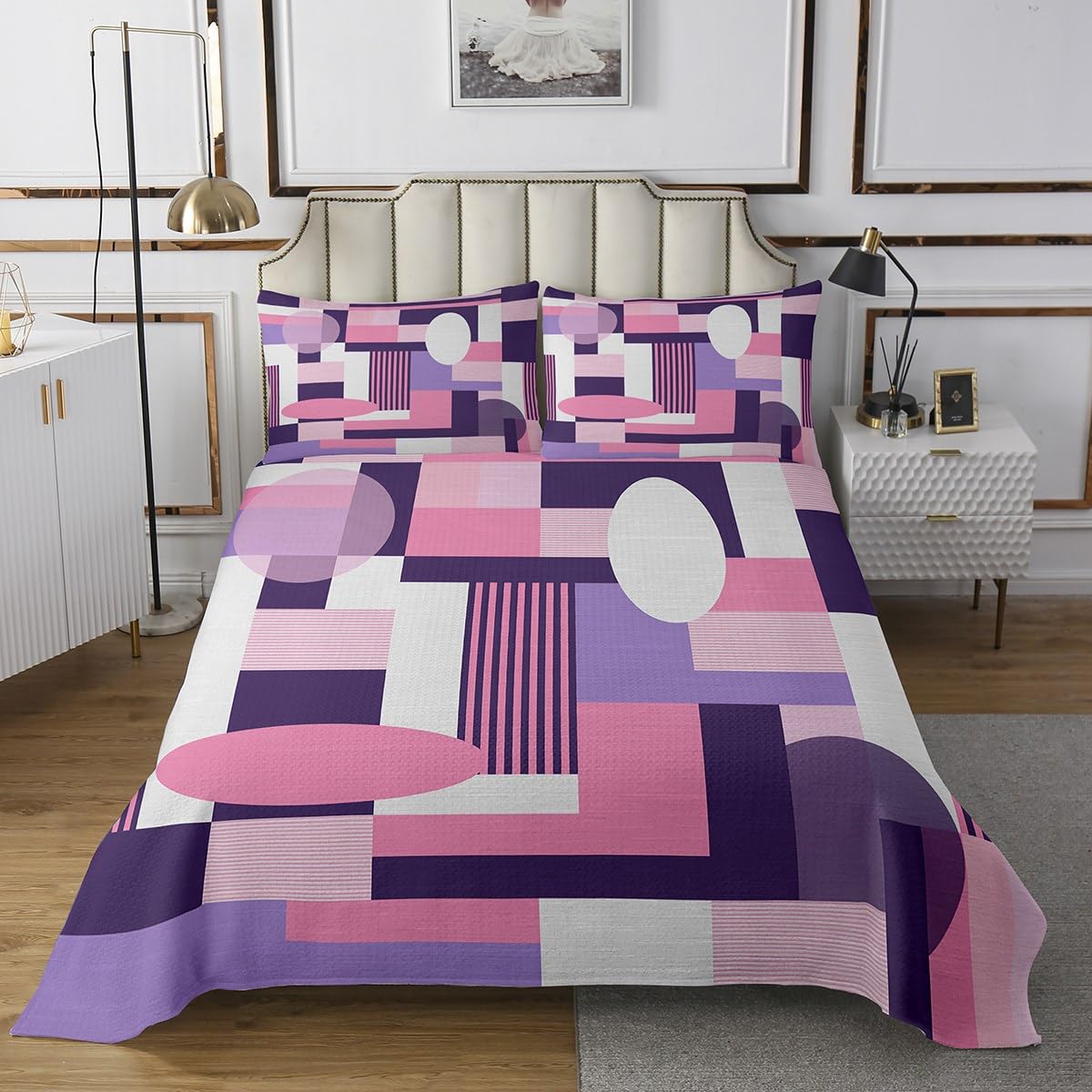 Feelyou Geometric Bedspread Queen Size Pink White Purple Quilted Coverlet for Boys Girls Teens Geometry Rectangle Square Coverlet Set Modern Abstract Art Quilted Room Decor Quilt Set