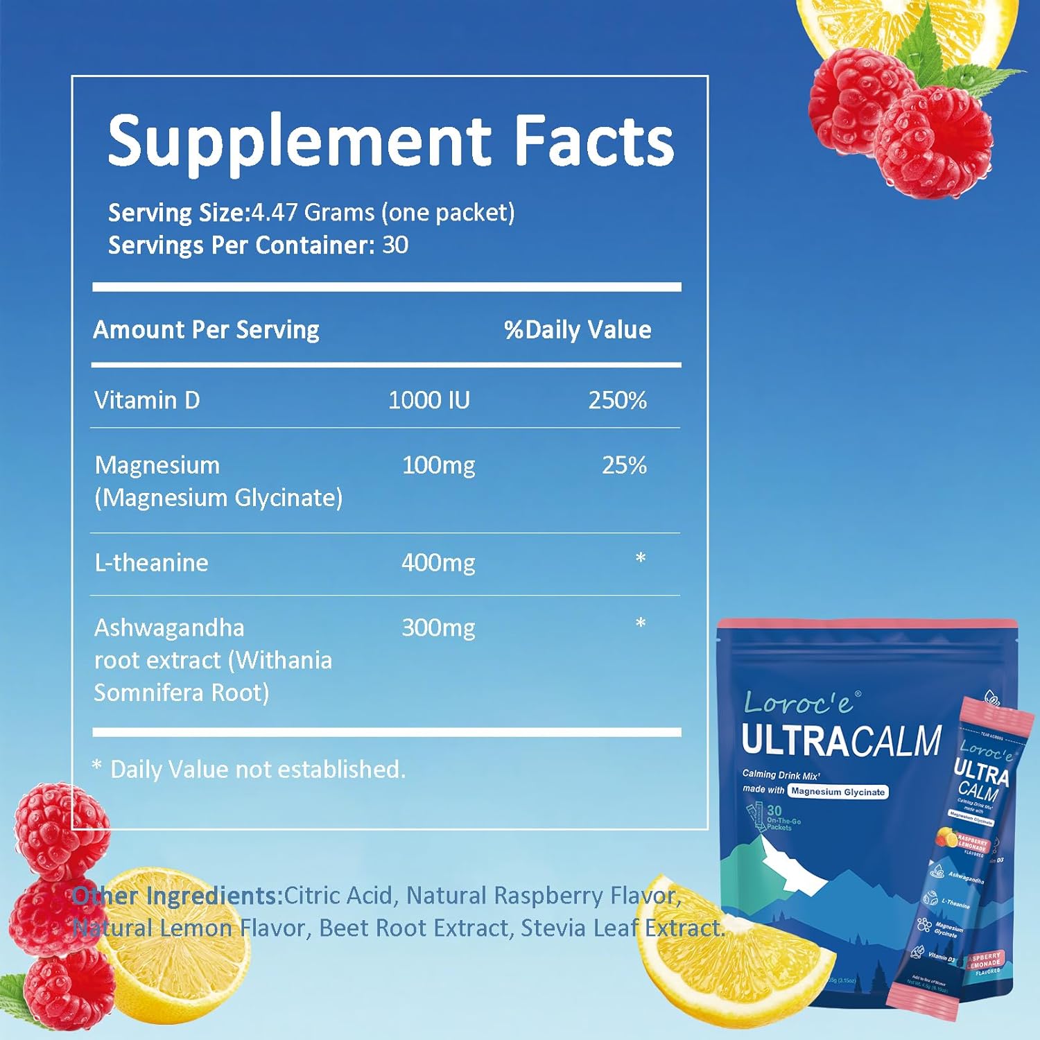 Loroc'e UltraCalm Super Cortisol Reducer Drink, Magnesium Glycinate (30 Servings), L-theanine, Ashwagandha, Vitamin D, No Sugar, Raspberry Lemonade Sleep Aid Powder - Image 2