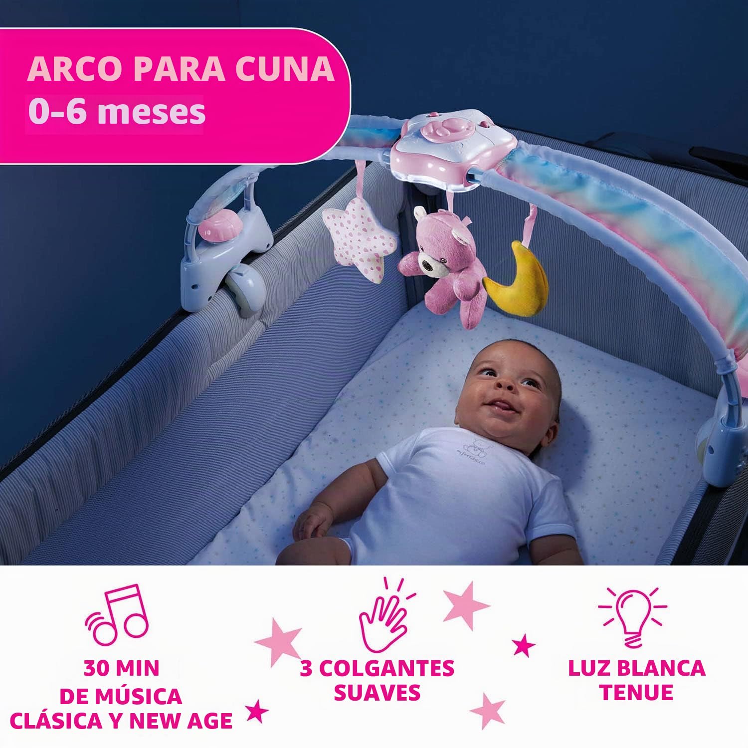 Chicco Rainbow Sky, Arco de Desarrollo 2 en 1 Compatible con la Cuna Next2Me, Panel de Cuna con Arco Iris y Luz Nocturna con Música Relajante y Colgantes, Juguetes Bebés de 0+ Meses, Rosa