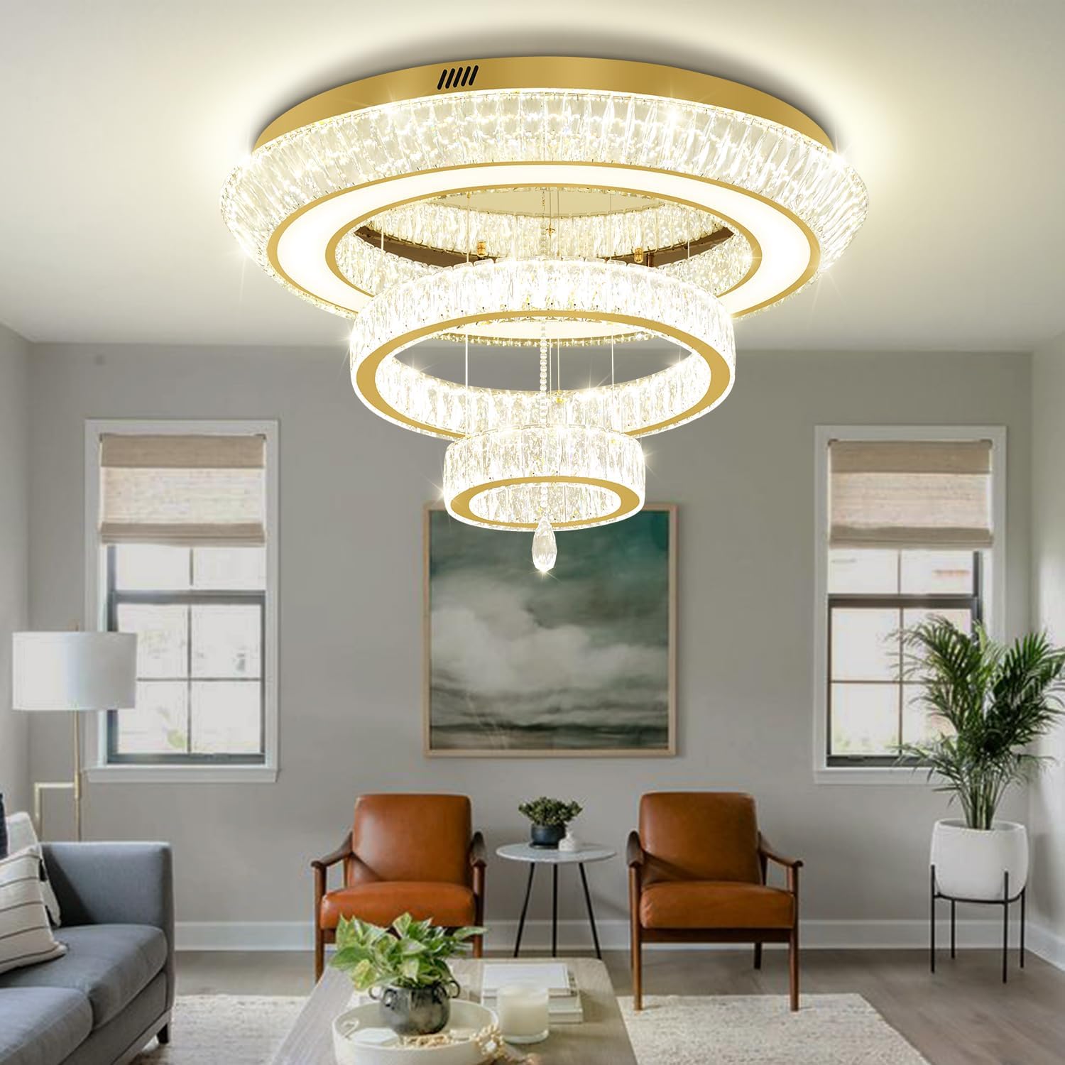 Led 40'' Gold Ring Crystal Chandelier,Modern Luxury Ceiling Lights Fixture for Dining Living Room 3-Tier Raindrop Chandeliers Lighting LED Dimmable 3000-6000K