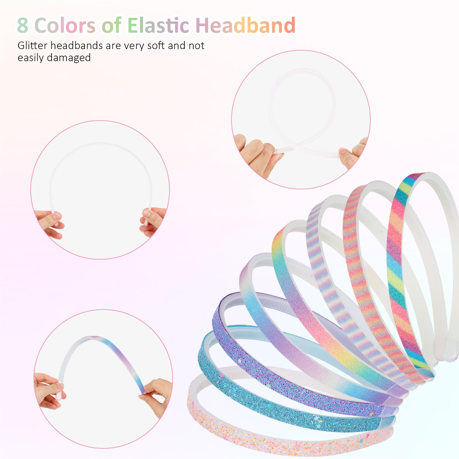 8 fasce per capelli glitterate per ragazze, fasce per capelli arcobaleno sottili con denti scintillanti accessori per capelli con paillettes colorate per bambini e donne