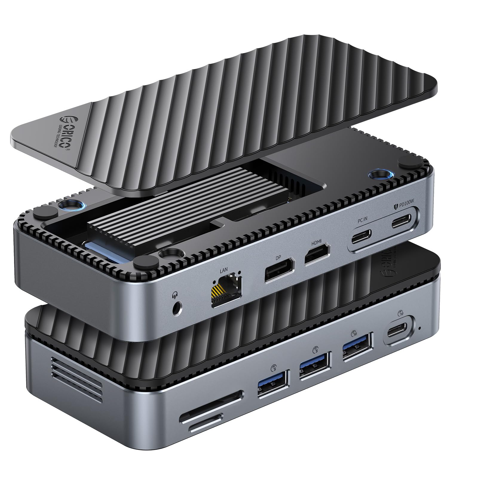 ORICO Hub USB C 12 in 1 con Alloggiamento M.2 SSD, Docking Station USB-C senza Utensili con Ventilatore, HDMI, DP, Gigabit Ethernet, 100 W PD, SD/TF, Audio/Mic, 10 Gbps USB A&C 2 * 5 Gbps USB A M2P11