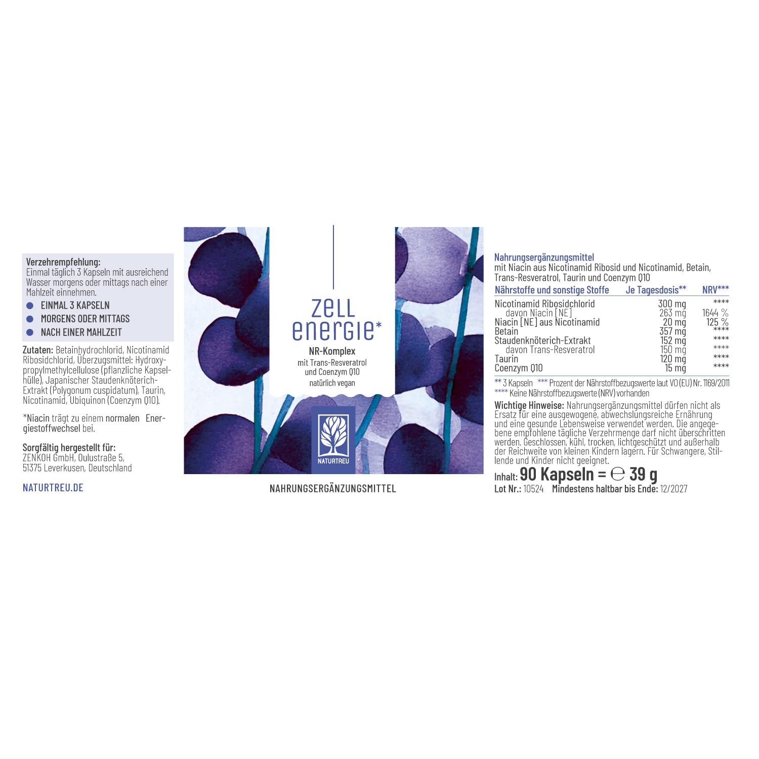 Zellenergie - NAD+ Faktor - mit Nicotinamide-Riboside 300mg (NR) - NAD Komplex - Betain, Resveratrol, Coenzym Q10, Taurin & Vitamin B3 - laborgeprüft in Deutschland – 90 vegane Kapseln von NATURTREU