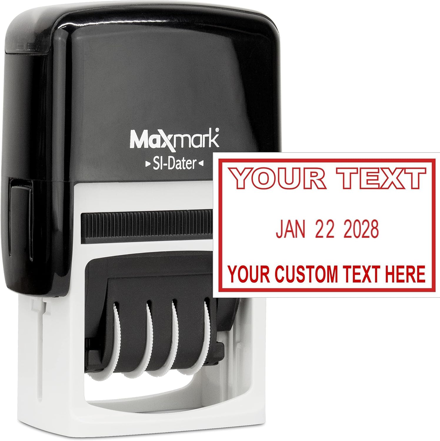 MaxMark Office Date Self Inking Stamp with 2-Line Custom Text - 1" x 1-5/8” - Choice of Ink Color