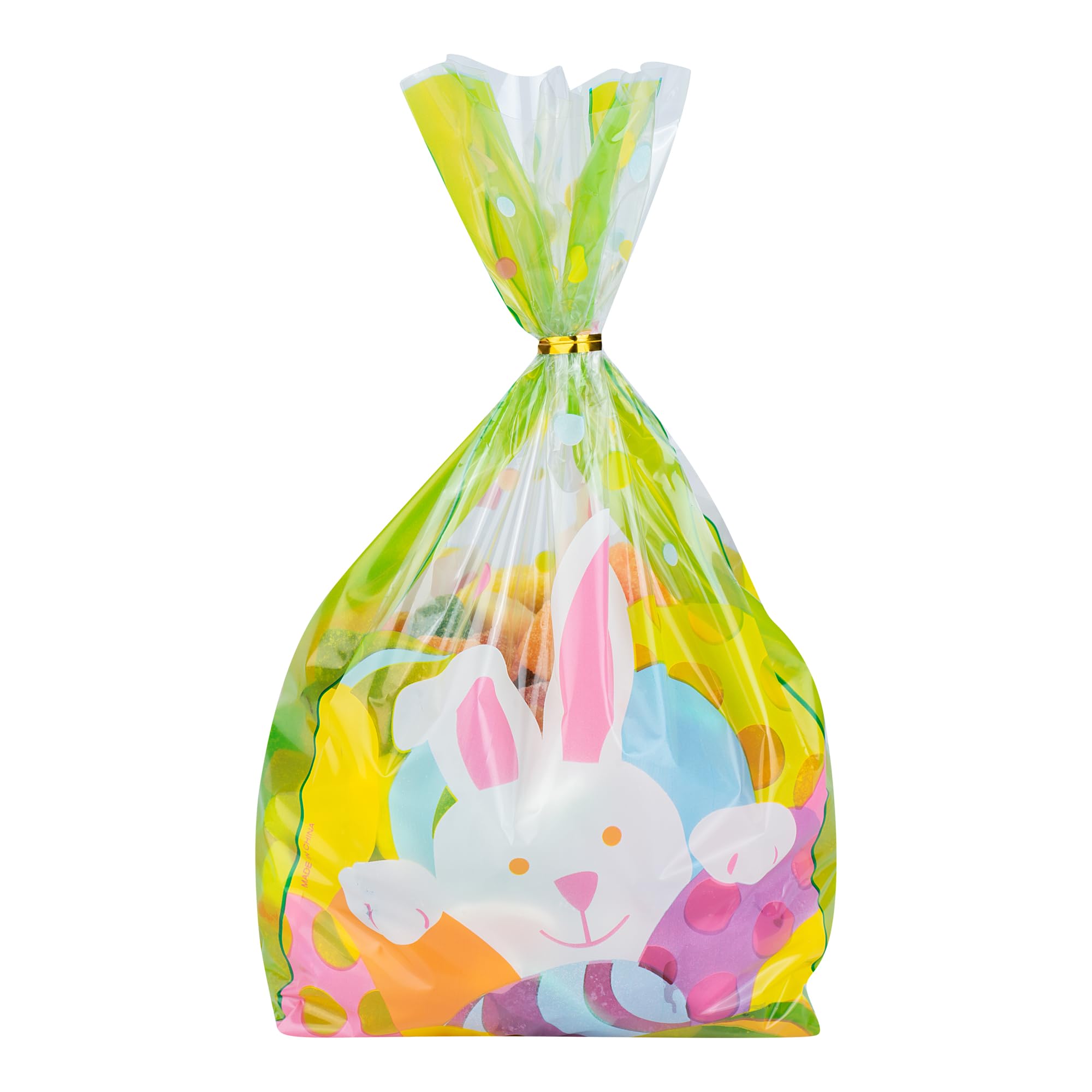Restaurantware Bolsas de dulces Bag Tek de 5 x 3 x 11 pulgadas, 100 bolsas de dulces impresas con fuelle – Conejo de Pascua, lazos giratorios se venden por separado, bolsas de plástico para caramelos
