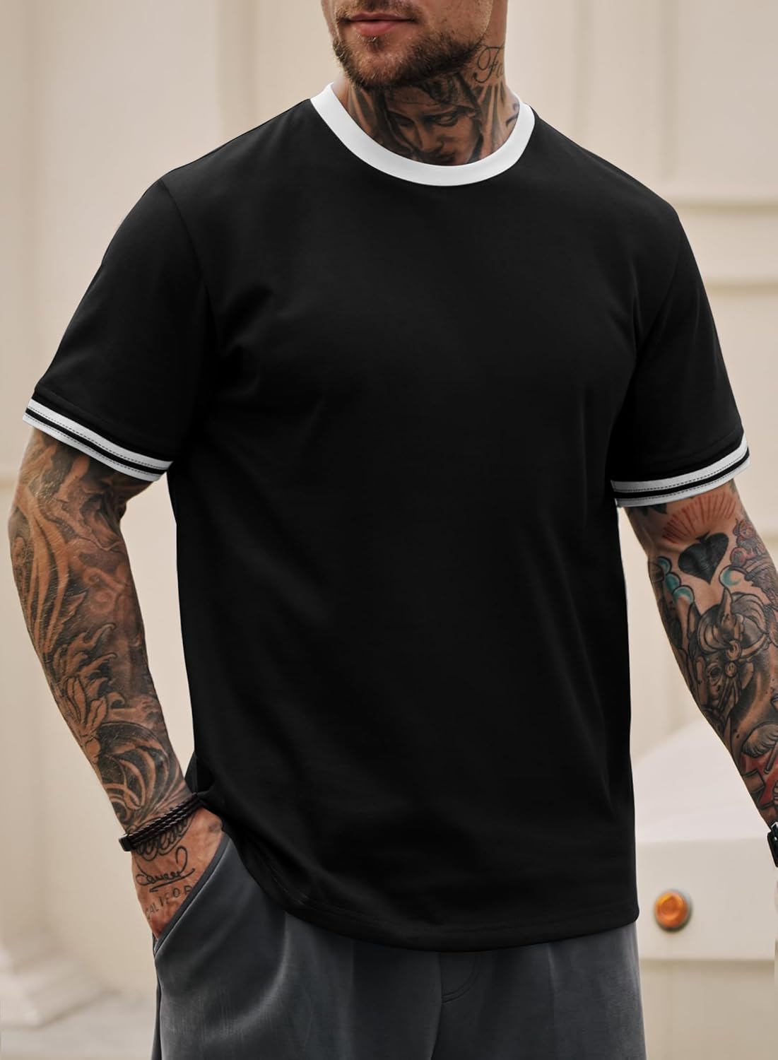 Mens Ringer Tshirt Casual Heavyweight Summer Crewneck Short Sleeve Shirts (S-XXL) - Image 2