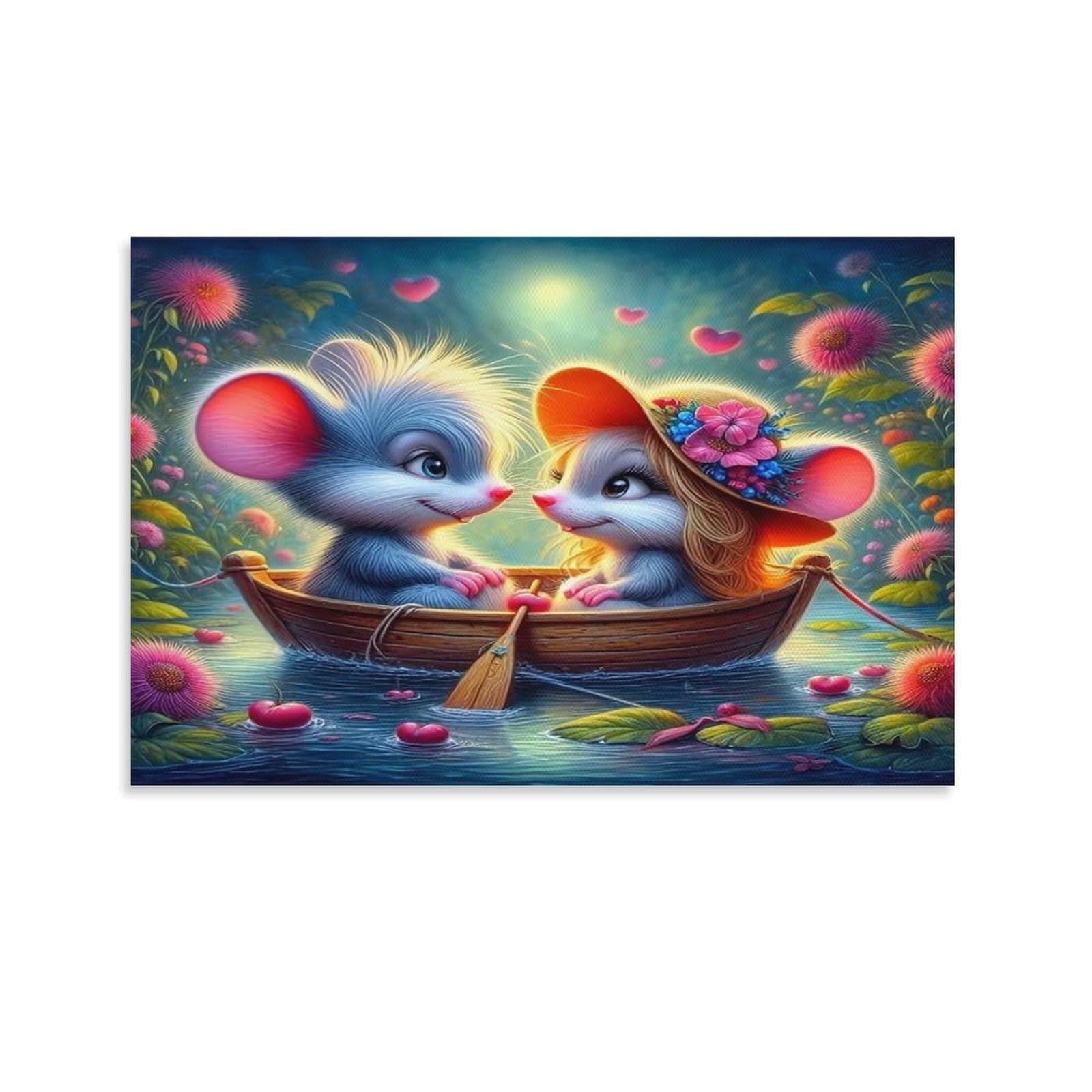 CPLVKWRQJ Squirrels Watching TV in Cozy Tree Home Individual Loving Mice Row Small Boat on Pond Canvas Artwork - Bedroom Canvas Painting Easy to Clean Space Transformer Decor 20x30inch(50x75cm)