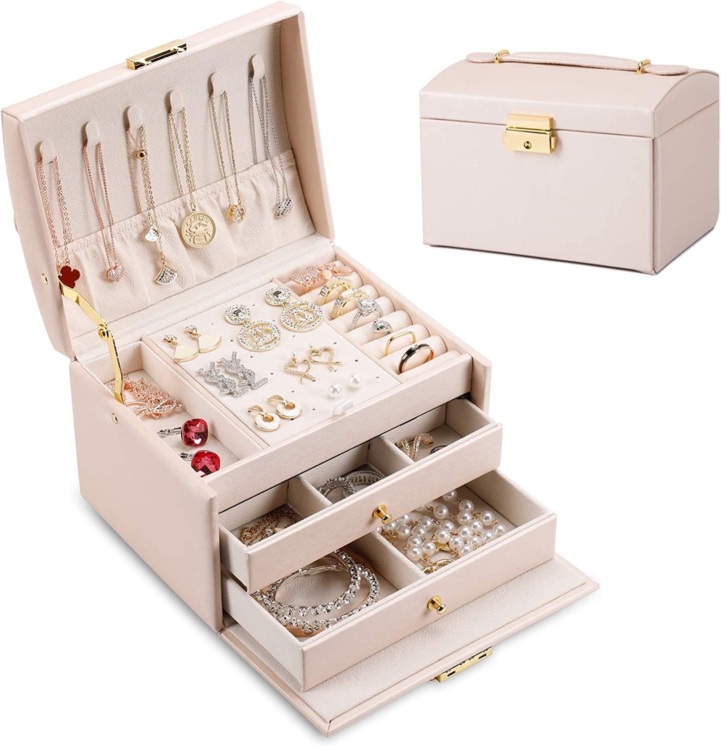 MIUKIULAMIUKIULA Jewelry Box, 3 Layer Jewelry Boxes for Women, with Lock and Removable Tray Display Jewelry Organizer Box, for Necklace Earrings Rings Bracelets (Light pink)