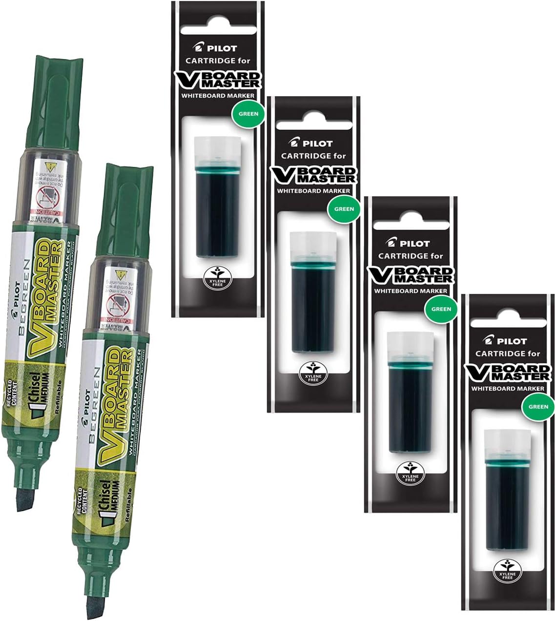 Refillable Dry Erase Markers, Pilot, 2 Green Ink Chisel Tip Markers with 4 Refills