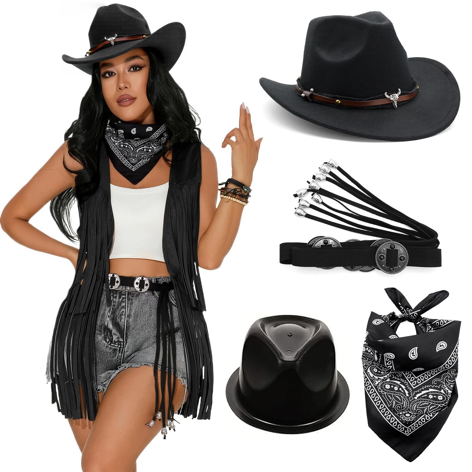 MICFENY 3Pcs Cowgirl Outfit Accessories Including Rodeos Hat Bandana For Wild Western Cosplay Event