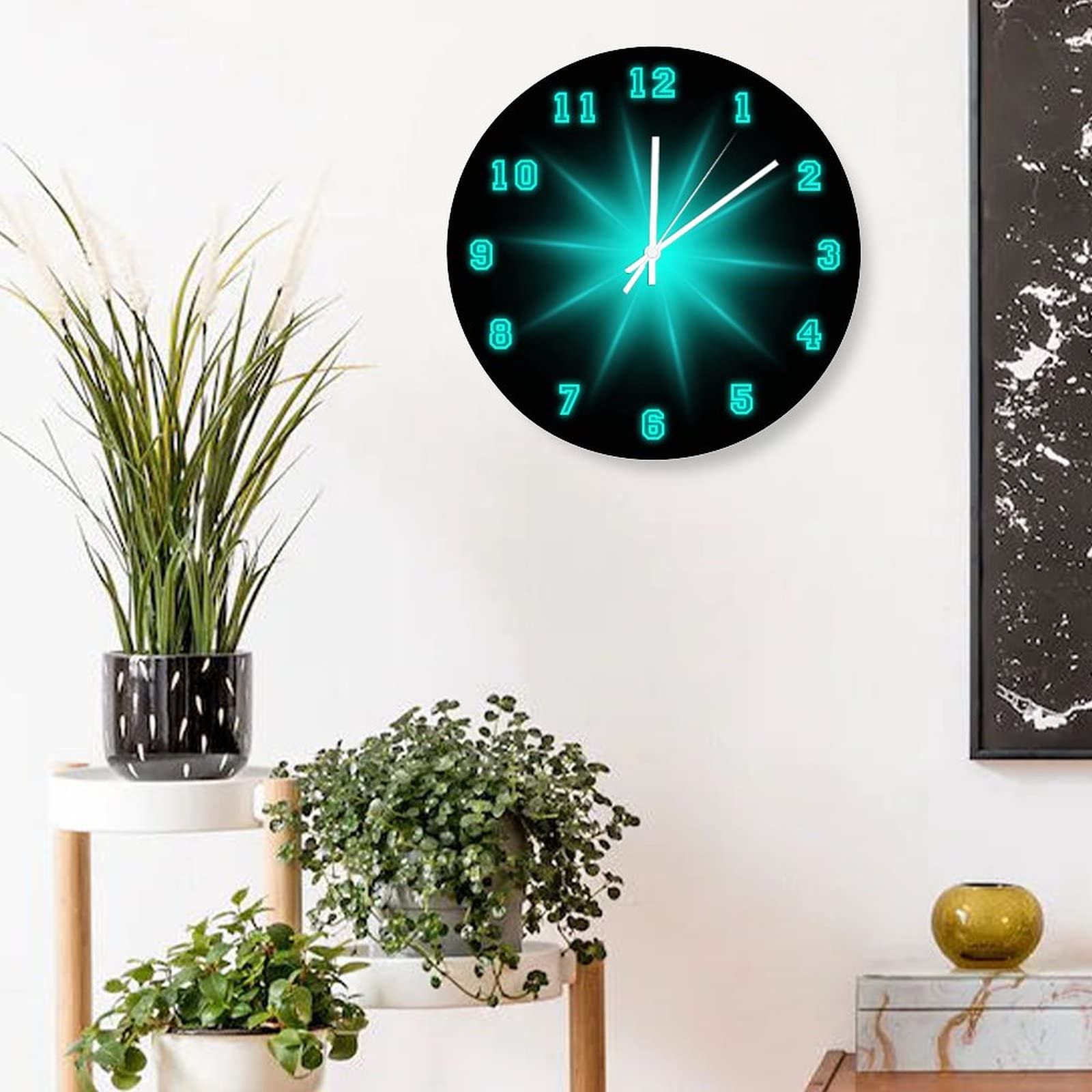 Decoratieve Stille Geen tikkende Wandklok in de Blauwe Ronde Moderne Houten Klokken voor Slaapkamer Woonkamer Thuiskantoor School Muur Art Decor, 25 X 25 CM