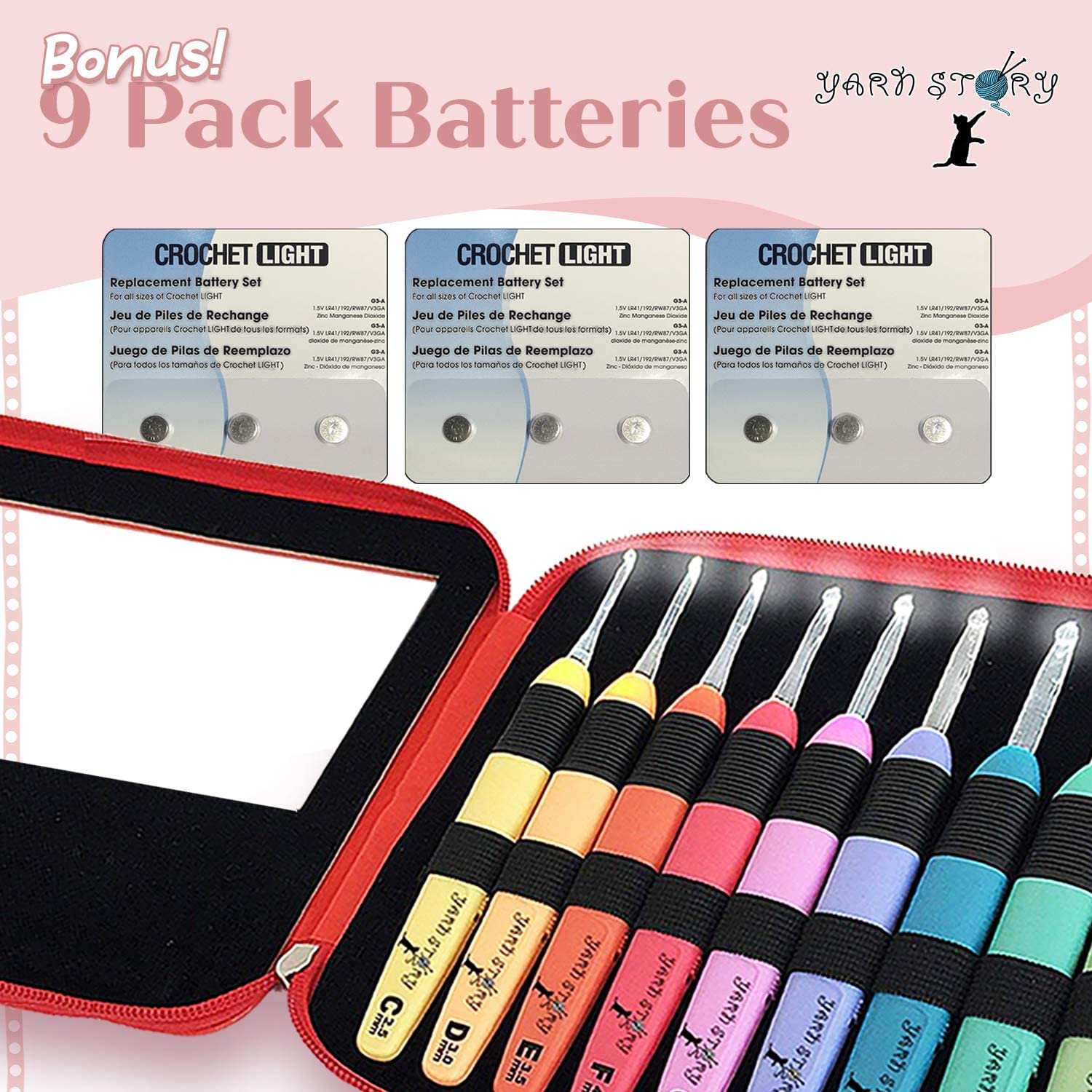 Juego de agujas de ganchillo iluminadas, 9 unidades, juego completo de 9 ganchos de ganchillo iluminados con 9 baterías adicionales, kit de ganchos de ganchillo con luz LED, tamaños de 2,5