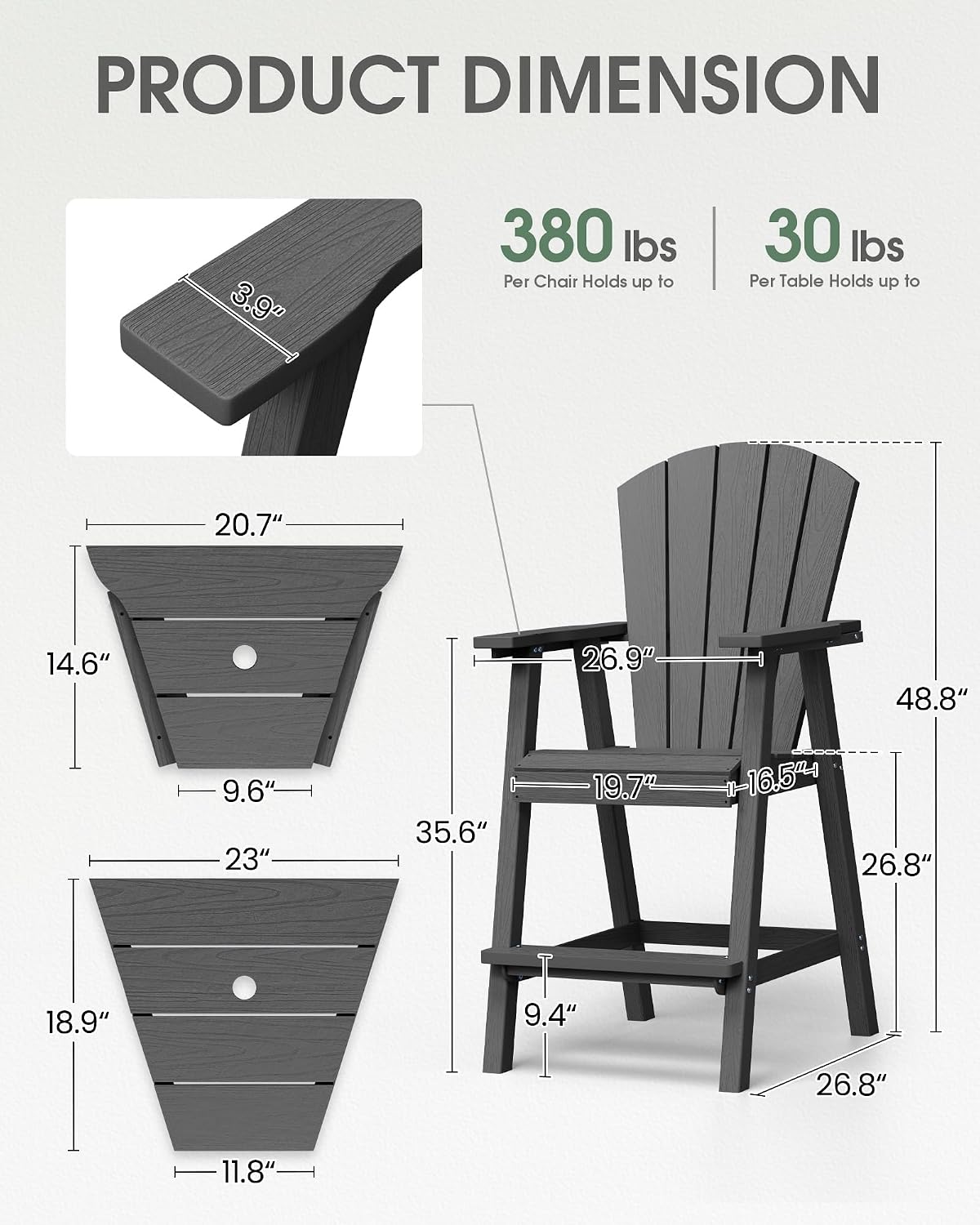 Tall Adirondack Chairs Set of 2, HDPE High Adirondack Chairs with Double Removable Trays, All Weather Outdoor Barstools for Patio, Balcony, Backyard, Deck and Garden, Darkgrey
