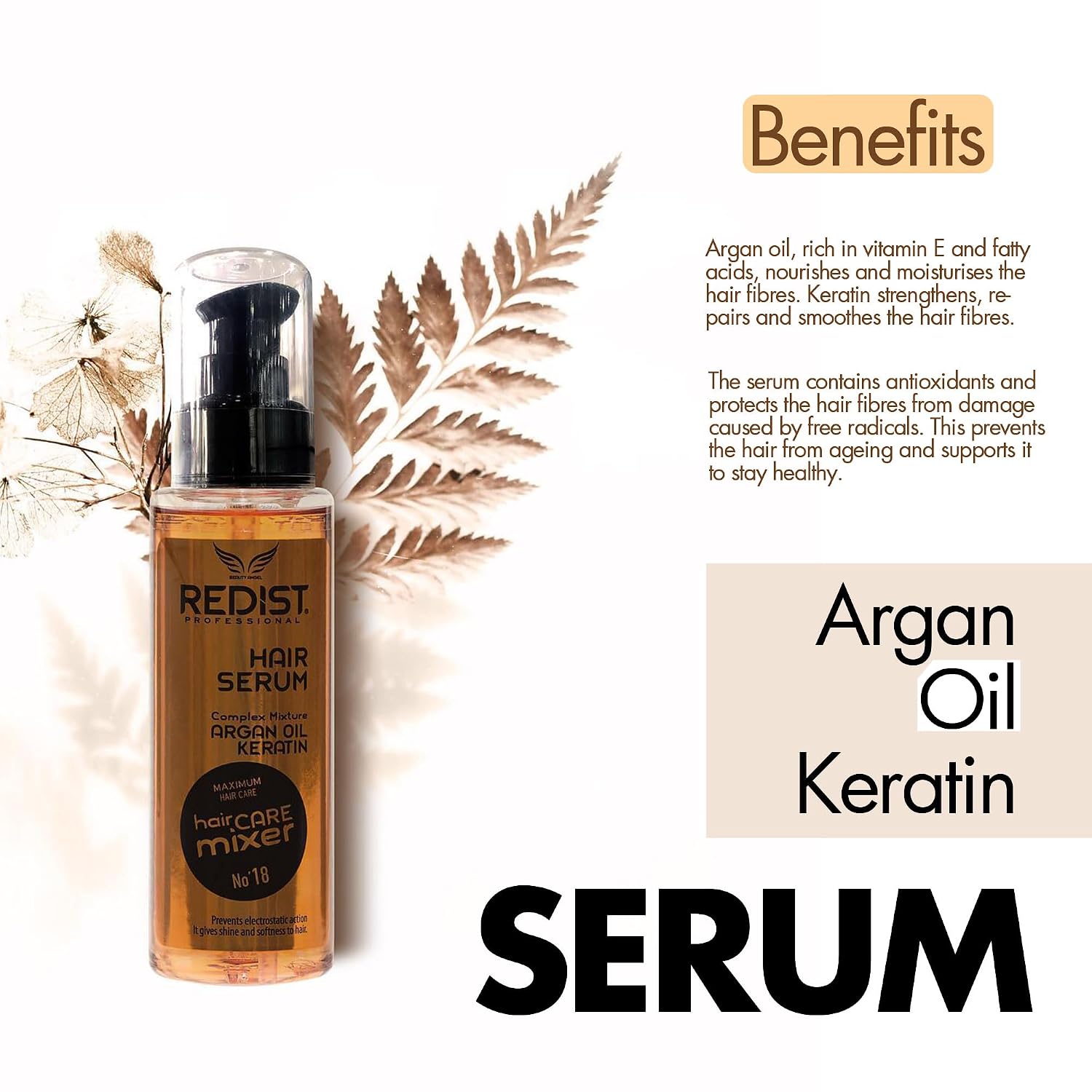 REDIST Keratin Argan Hair Serum 125 ml for Anti-Frizz Treatment of Dry, Brittle & Damaged Hair I Hair Care Keratin & Argan Hair Treatment I Hair Oil Treatment | Shine & Smoothness image 2