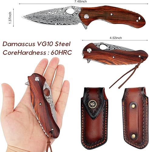 Miniatura 4 de Benkey Cuchillo plegable Damasco cuchillo de bolsillo afilado VG10 Core de acero Damasco con mango de madera natural funda de cuero de calidad