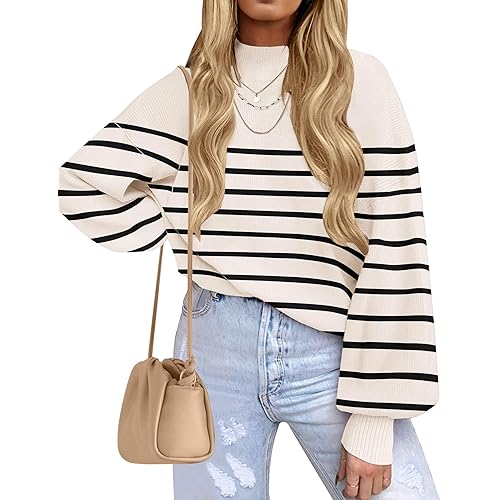 ZESICA Women's Casual Turtleneck Long Lantern Sleeve Fall 2026 Oversized Ribbed Knit Pullover Sweater Jumper Top