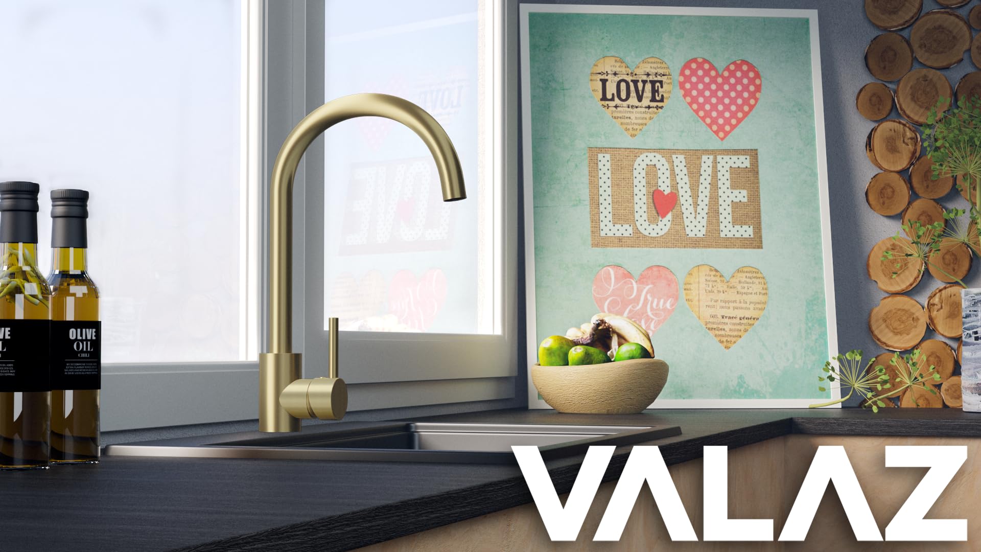 VALAZ Wasserhahn Küche Gold Gebürstet | Küchenarmaturen | Wasserhahn Sprudelwasser, Wassersparend, Schnellmontage, 360 Grad Drehbar | Schnelle und Einfache Installation | Edelstahl, Misisipi-Serie