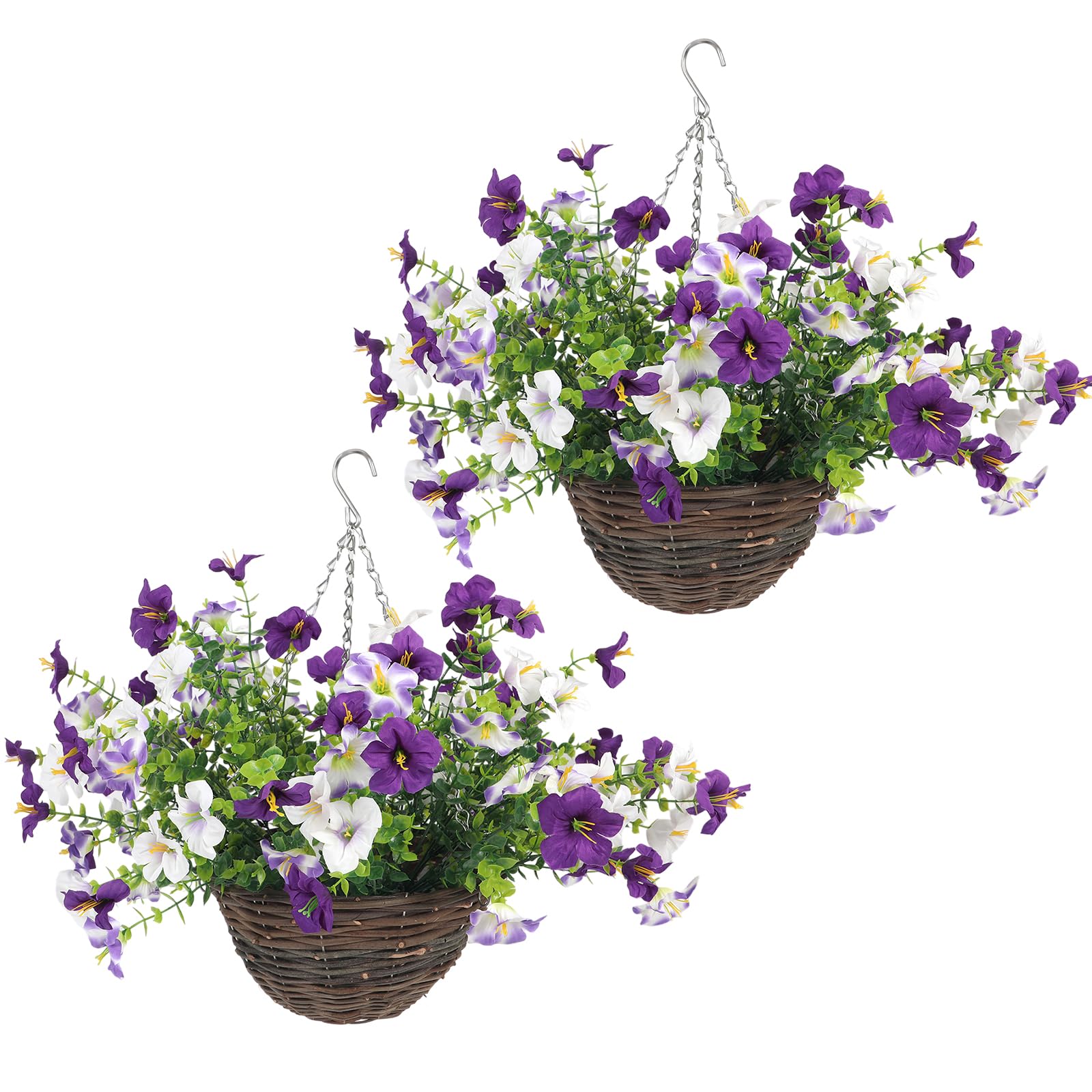XLSBZ Artificial Hanging Baskets 2 Pack, Home Decoration Silk Flowers Plant DIY Chain Fake Flowers Hanging Basket Outdoor for Garden Porch Patio Balcony - UV Resistant (White&Purple)