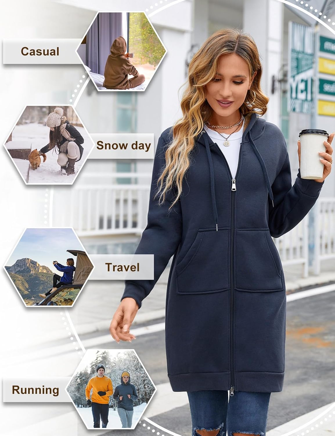 Yusongirl Zip Up Hoodies for Women Fleece Jackets Long Warm Hoodie Womens Hooded Tunic Sweatshirt Winter Coats with Pockets - Image 3
