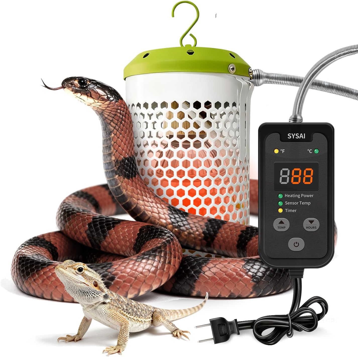 Smart Reptile Heating Furnace with Built-in Thermostat, Red Light Bulb, and Bite-Proof Cord – Safe for Snakes, Lizards, Chameleons, Turtles, Chicks, Amphibians, and Plants