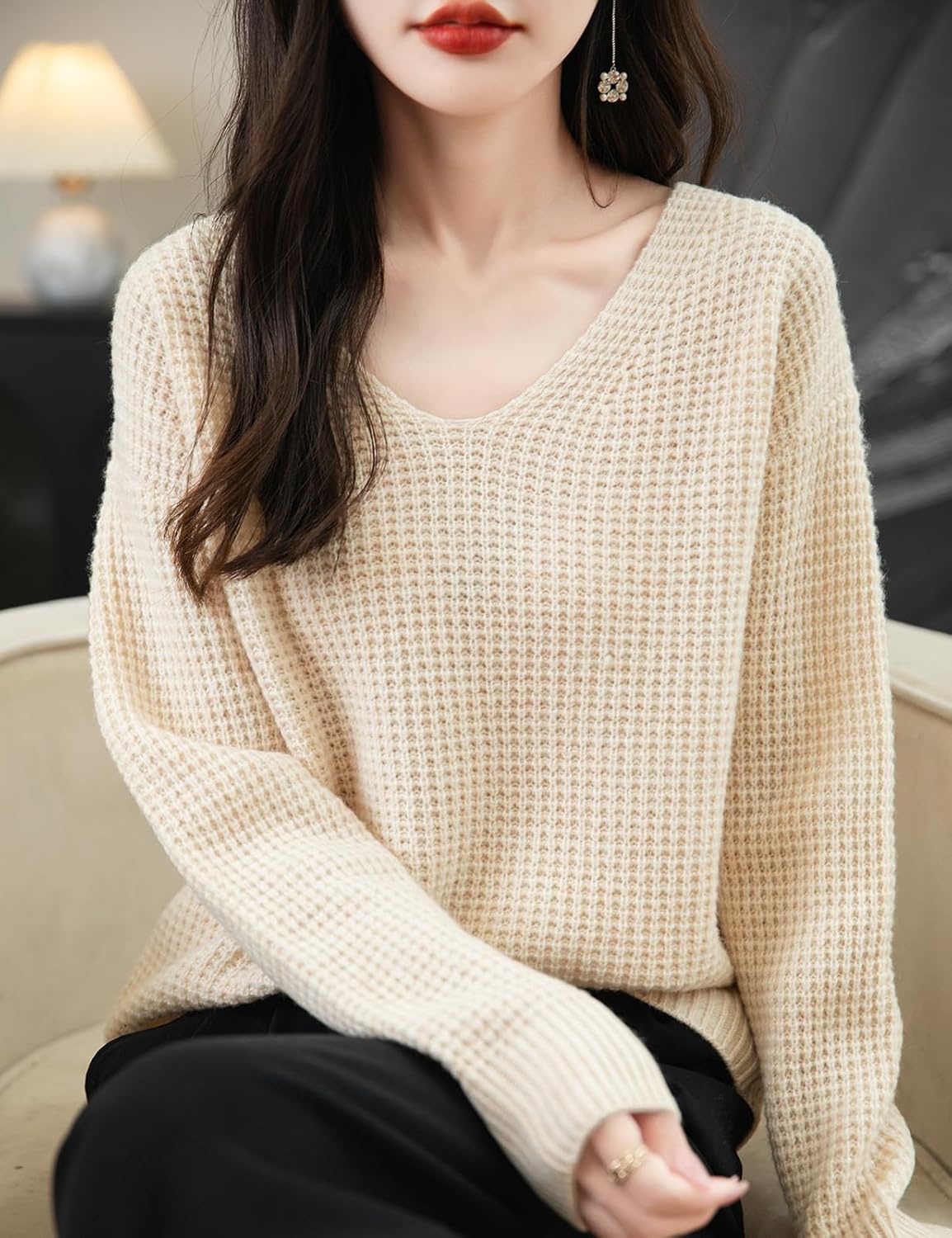 Chanyarn Women's 100% Merino Wool Sweater 2025 Fall Winter Casual V Neck Long Sleeve Waffles Knit Sweater Pullover - Image 2