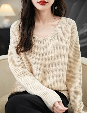 Chanyarn Women's 100% Merino Wool Sweater 2025 Fall Winter Casual V Neck Long Sleeve Waffles Knit Sweater Pullover