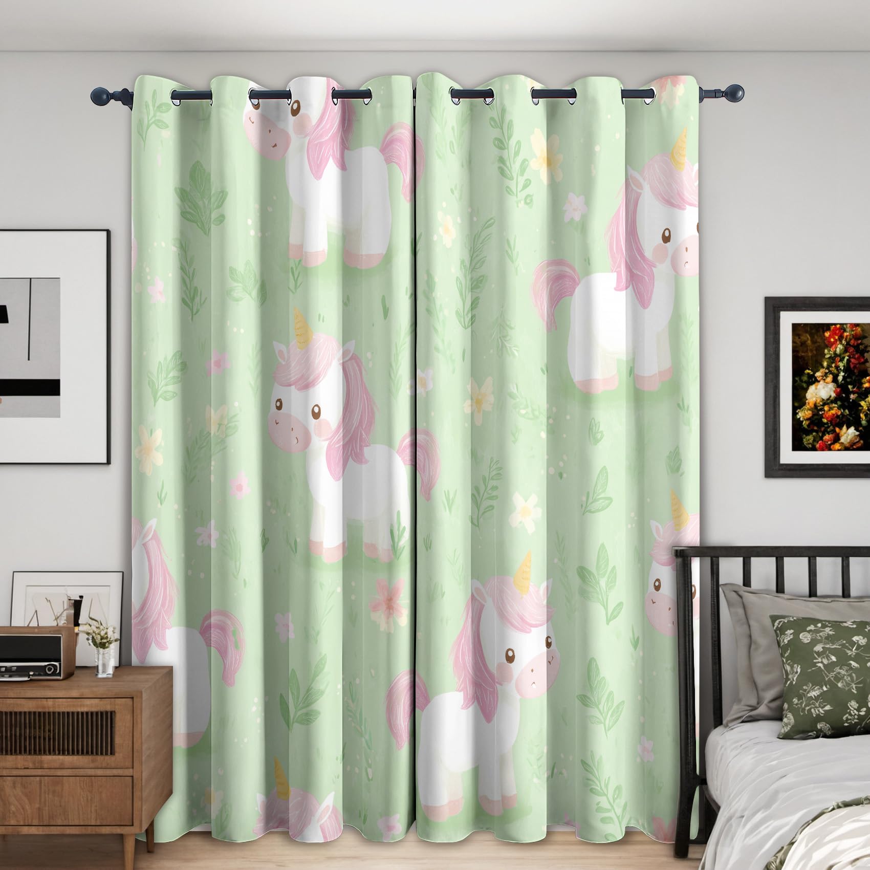Générique Rideau Occultant Licorne, Lot de 2 Rideaux Occultant Thermique Isolant à Oeillets, Motif Enfants Mignon Cartoon, Decoration Chambre Salon Fenetre, 140 L x 160 H G811n