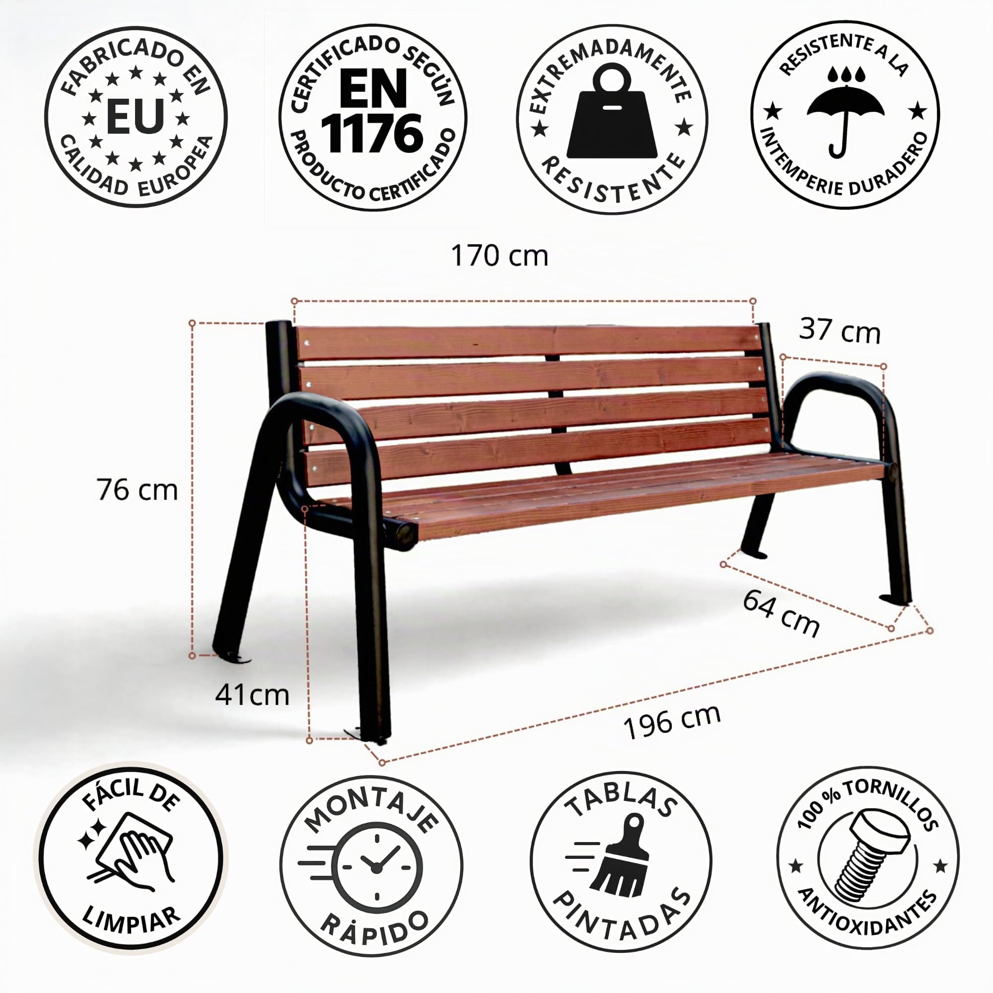 REKORD Banco de Jardín 196 x 64 x 76 cm Robusto de Parque de Metal y Madera con Respaldo Exterior Resistente a la Intemperie para Jardín Terraza Balcón o Patio – Spartan bis – Palisandro