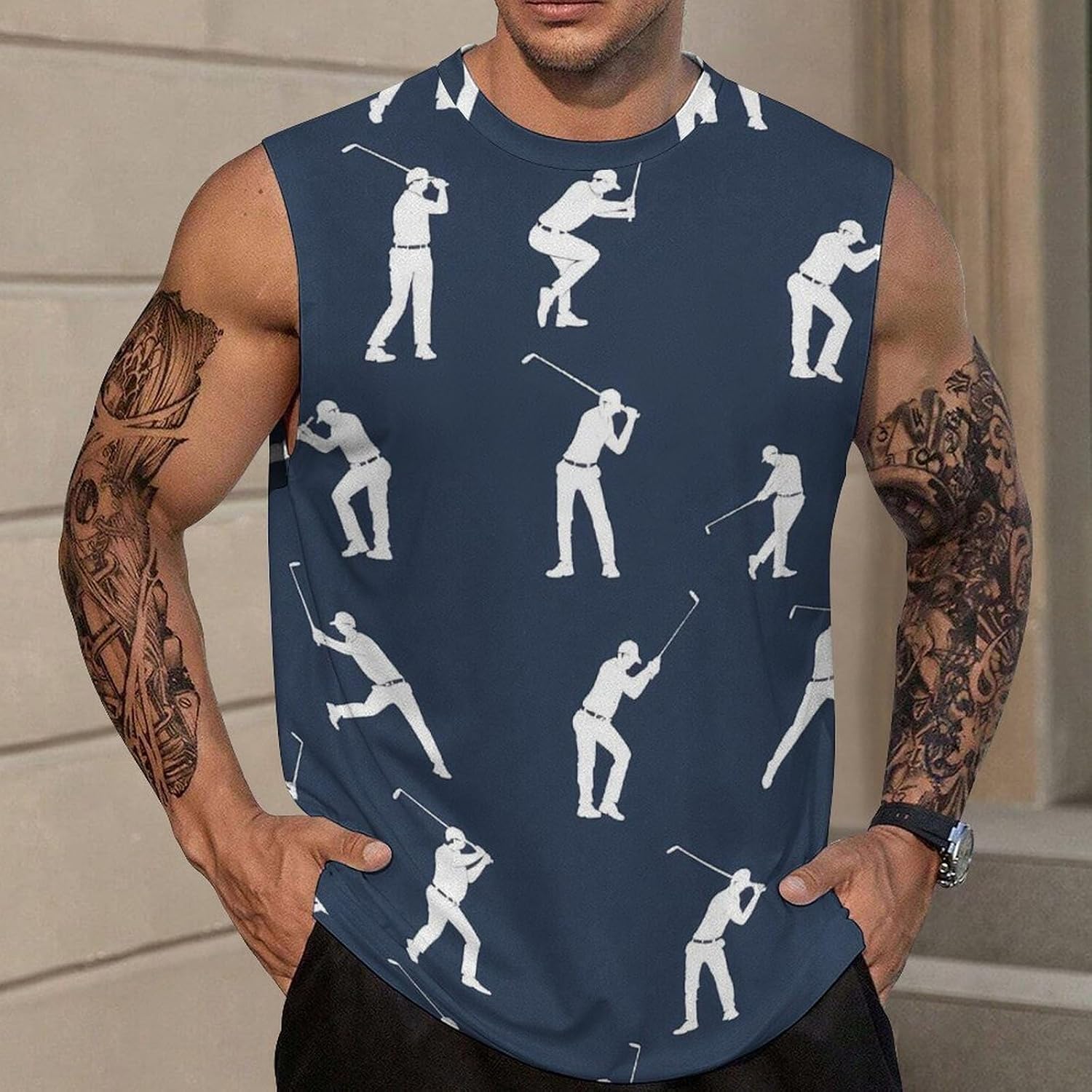 Golf Swing Player Silhouette Men Summer Sleeveless Crew Neck Top 5XL