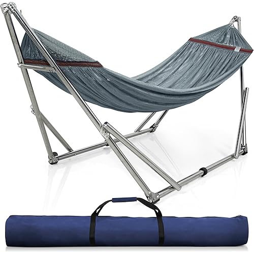 Tranquillo Adjustable Hammock Stand, Collapsible Camping Hammock with Stand, 650 lbs Capacity Double Hammock Stand, Foldable Stainless Steel Breathable Polyester Hammock Net, Carry Bag Included, Grey