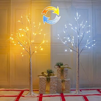 2-Pack 4FT Lighted Birch Tree, Birch Christmas Tree for Indoor & Outdoor, Upgraded 96 LED Birch Tree Lights for Outdoor Christmas Decorations Indoor Home Thanksgiving Warm White & Cool White