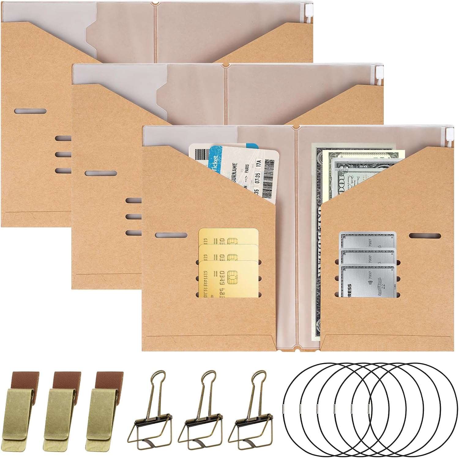 Supkiir 3 Pack A5 Travelers Notebook Accessories Kit Include Kraft File Folder, Zipper Case, Pen Holder, Binder Clip and Elastic Bands, Travelers Journal Accessories Set for Diary Passport Organizer