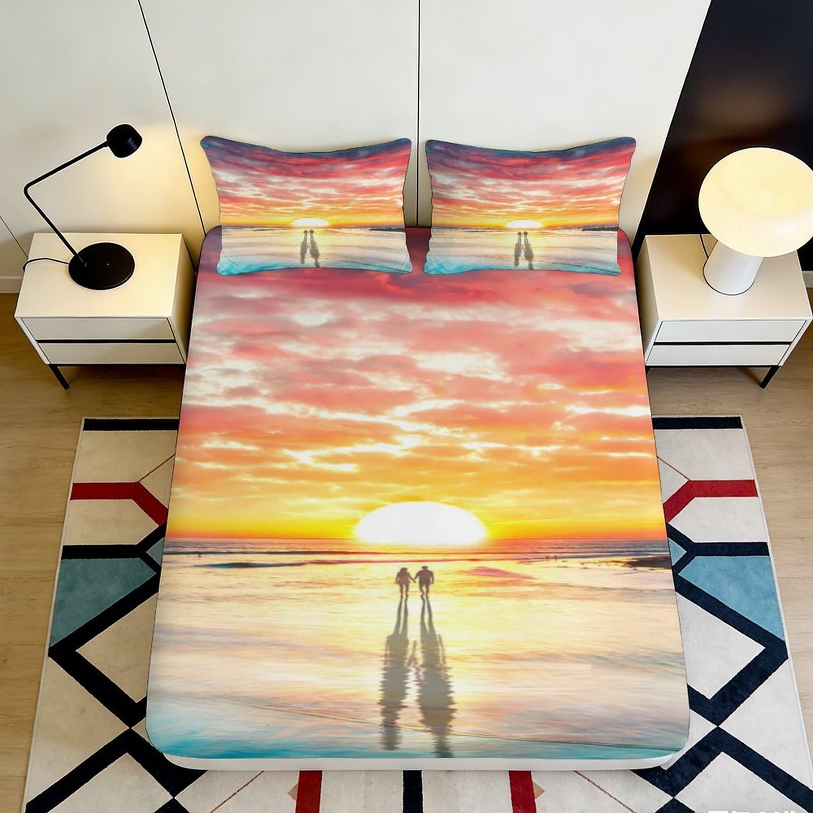 3D Printed Romantic Sunset Fitted Sheet Microfiber Soft Breathable Couple Beach Mattress Cover for Bedroom Dormitory Guest Room Decor and Protection 200x200x25cm