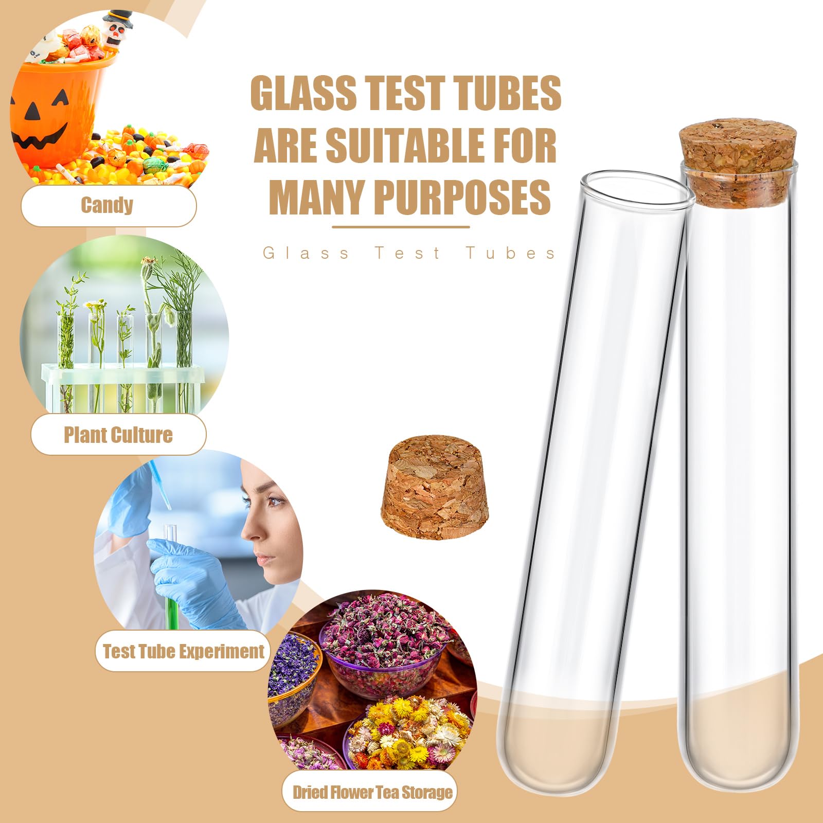 Thyle 100 tubos de ensayo de cristal de 45 ml con tapón de corcho, 25 x 140 mm, fondo redondo, para pruebas de laboratorio, almohadillas de alcohol, recipientes para plantas, experimentos científicos