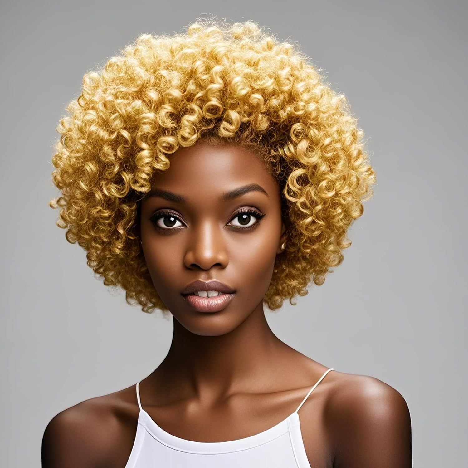 Afro Wig12 Heat Resistant Synthetic Gold Wig for Black Women Kinky Curly Pre Styled Wig with Baby Hair & Adjustable Straps & Breathable Cap Natural Looking Black Hairpiece