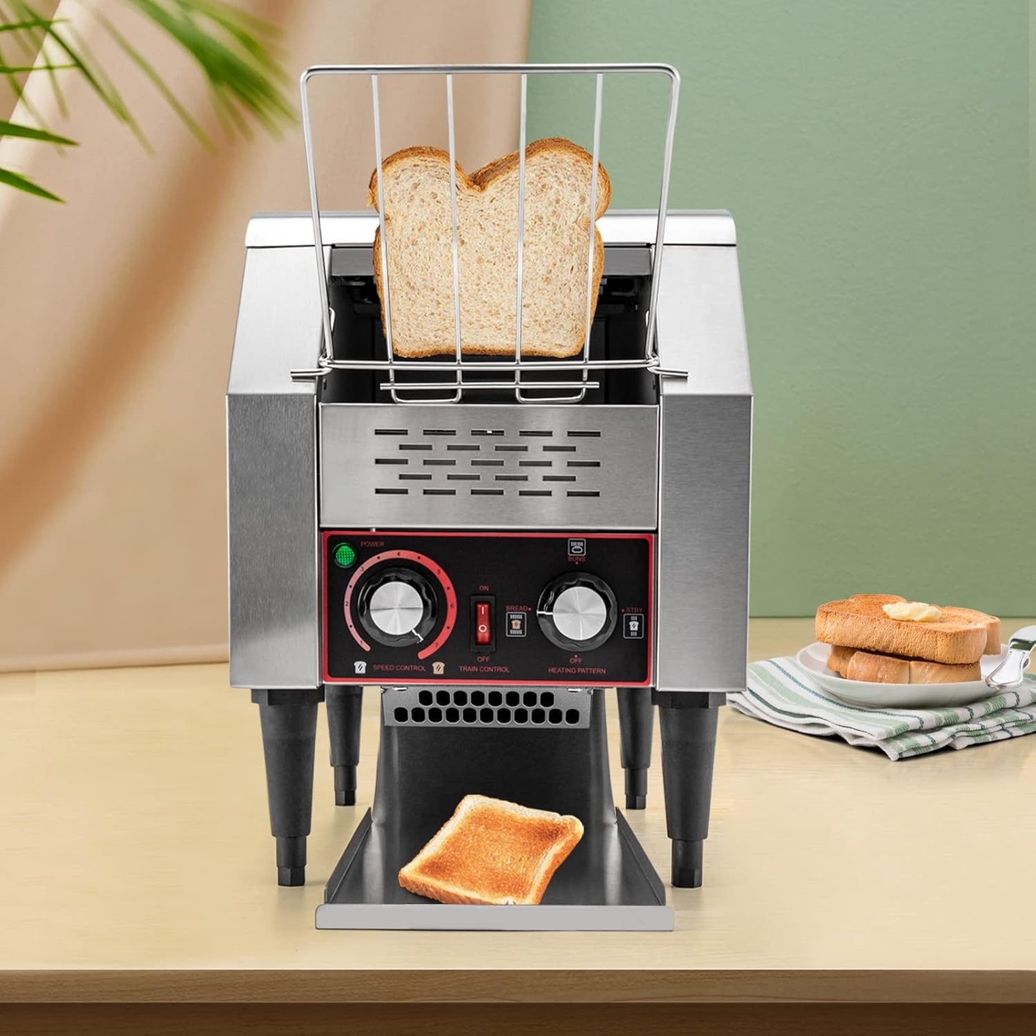 Commercial Conveyor Toaster 150/450 Slices Per Hour, 2600w, Heavy Duty Countertop Machine, with Heating Tubes, for Restaurant, Buffet, Cafe (150 pieces, 110V, 1300W)