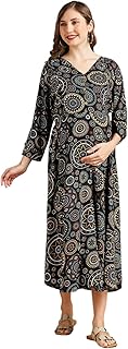 MomToBe Women's Fit And Flare Calf Length Rayon Maternity Dress/Pregnancy Dress/Easy Breastfeeding Dress/Western Dress wit...