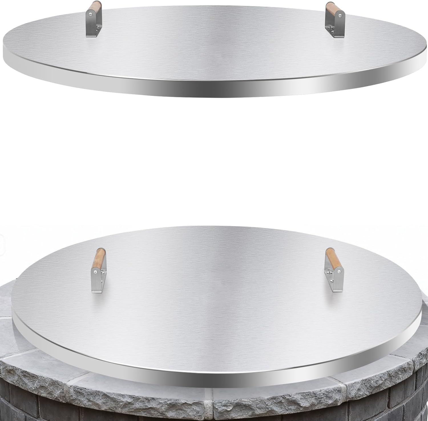 Fire Pit Lid Round - 38" Stainless Steel Rust Resistant Firepit Cover or Table with 2 Wooden Handles for Patio Fire Pit, Weatherproof for All Seasons, Fits Fire Pits Up to 36"